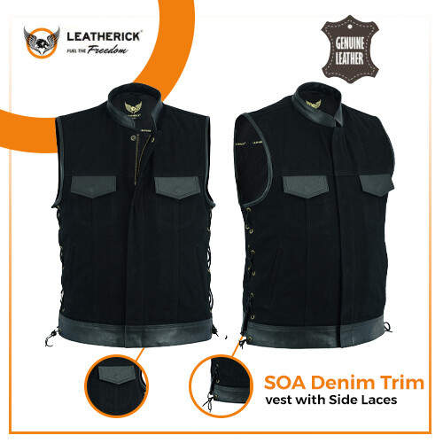 Leatherick Men’s SOA Black Denim Leather Vest Motorcycle Bikers Club Gun Pockets