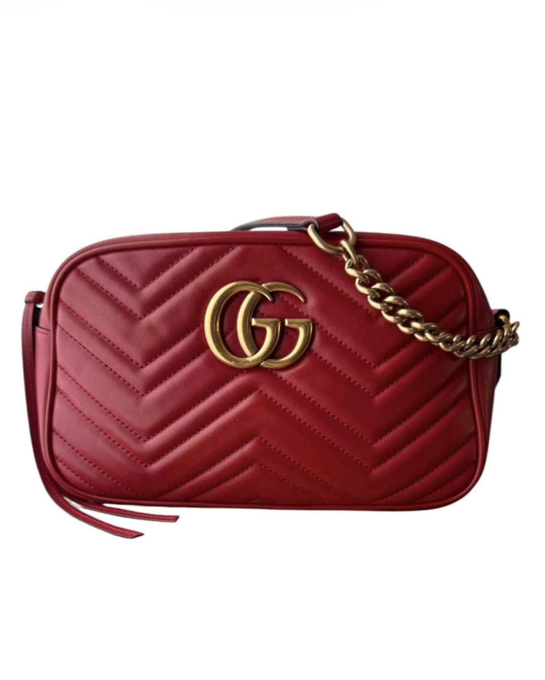 GUCCI GG Marmont Matelasse Red Leather Small Camera Shoulder Crossbody Bag
