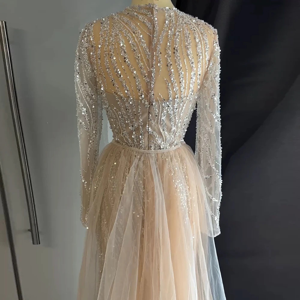 Luxury Beaded Mermaid Evening Gown with Long Sleeves Formal Wedding Party Dress