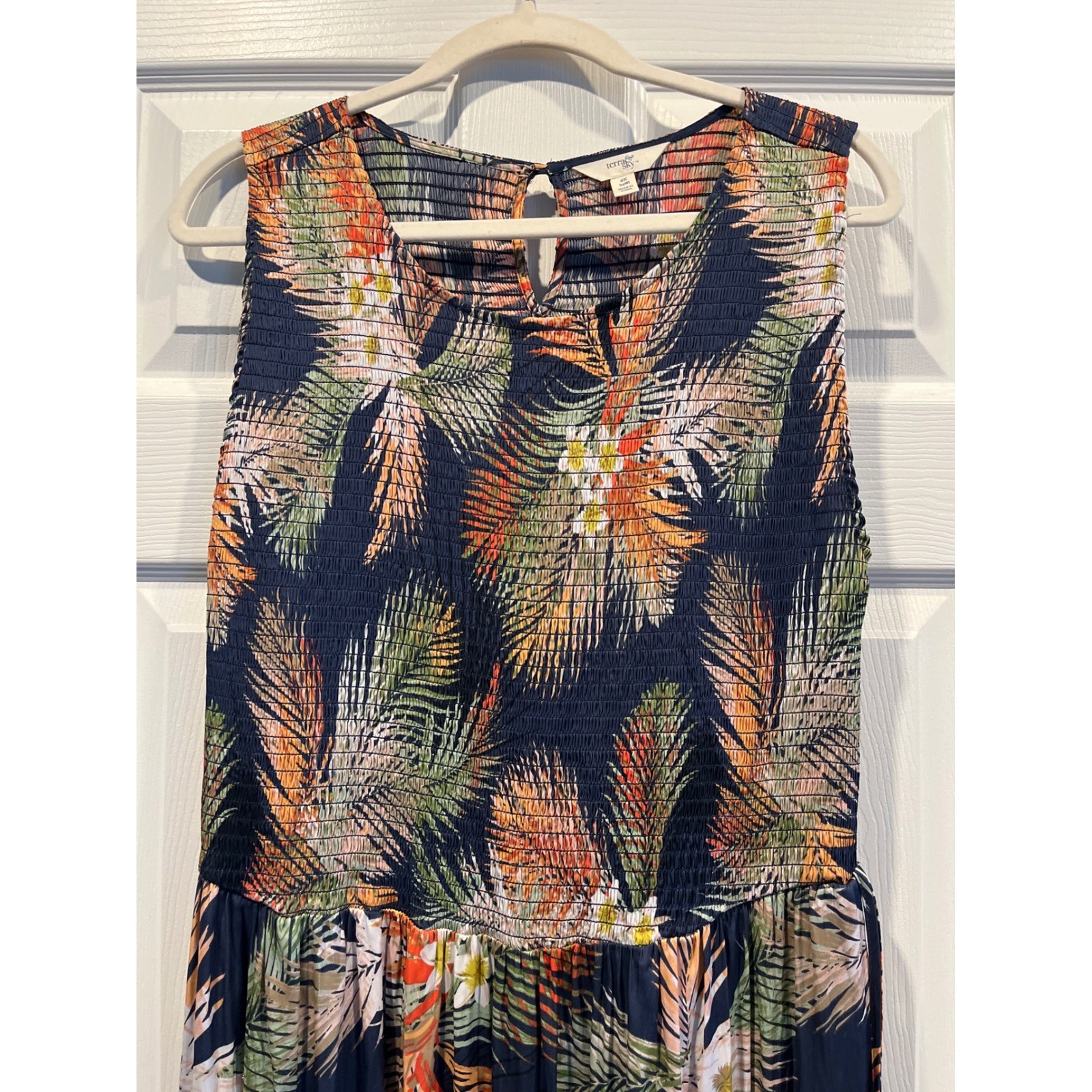 Terra & Sky Navy Tropical Palm Print Smocked Tiered Maxi Dress Sleeveless Womens