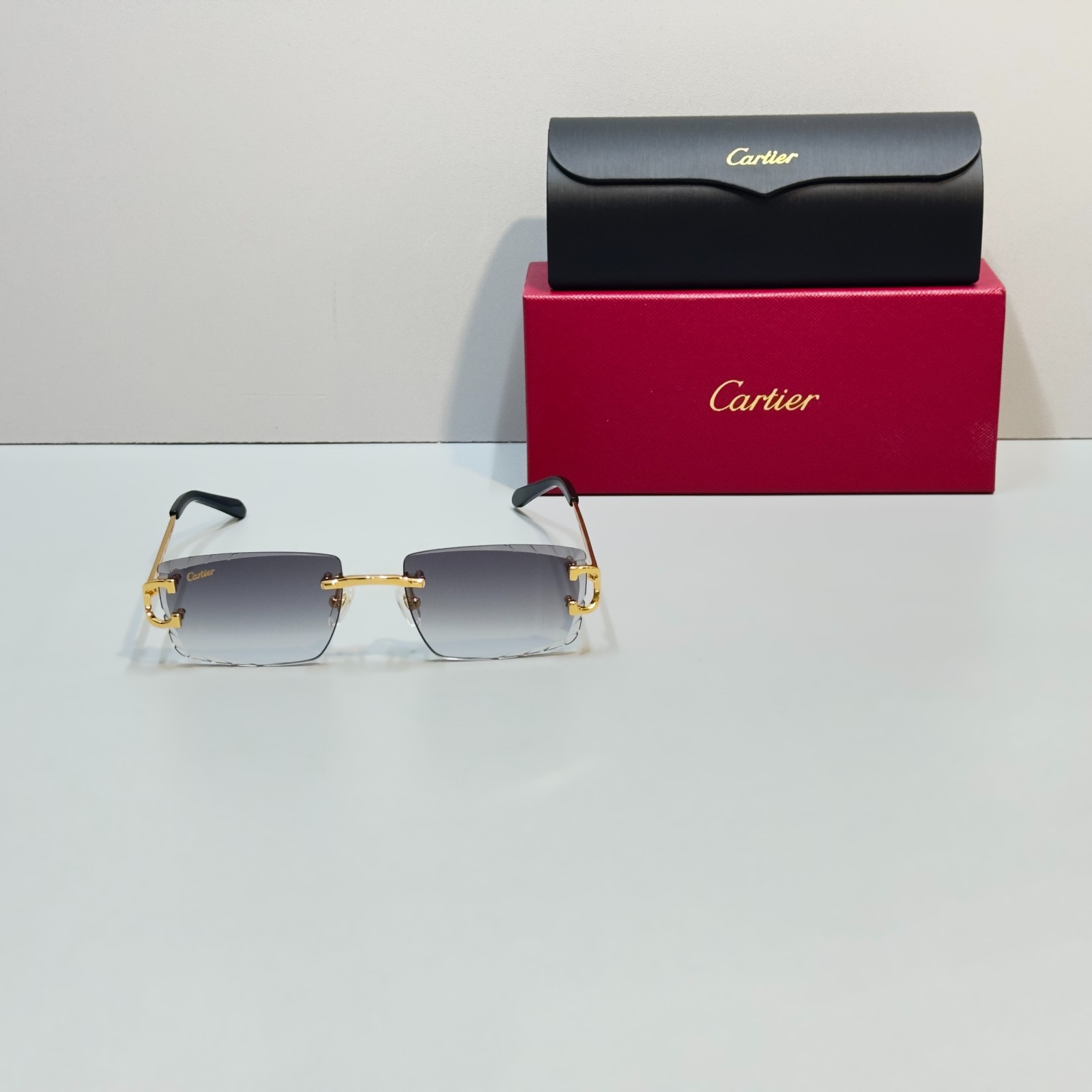 Cartier CT0092O Big C Gold Rimless Gray Gradient Sunglasses New w/ Box