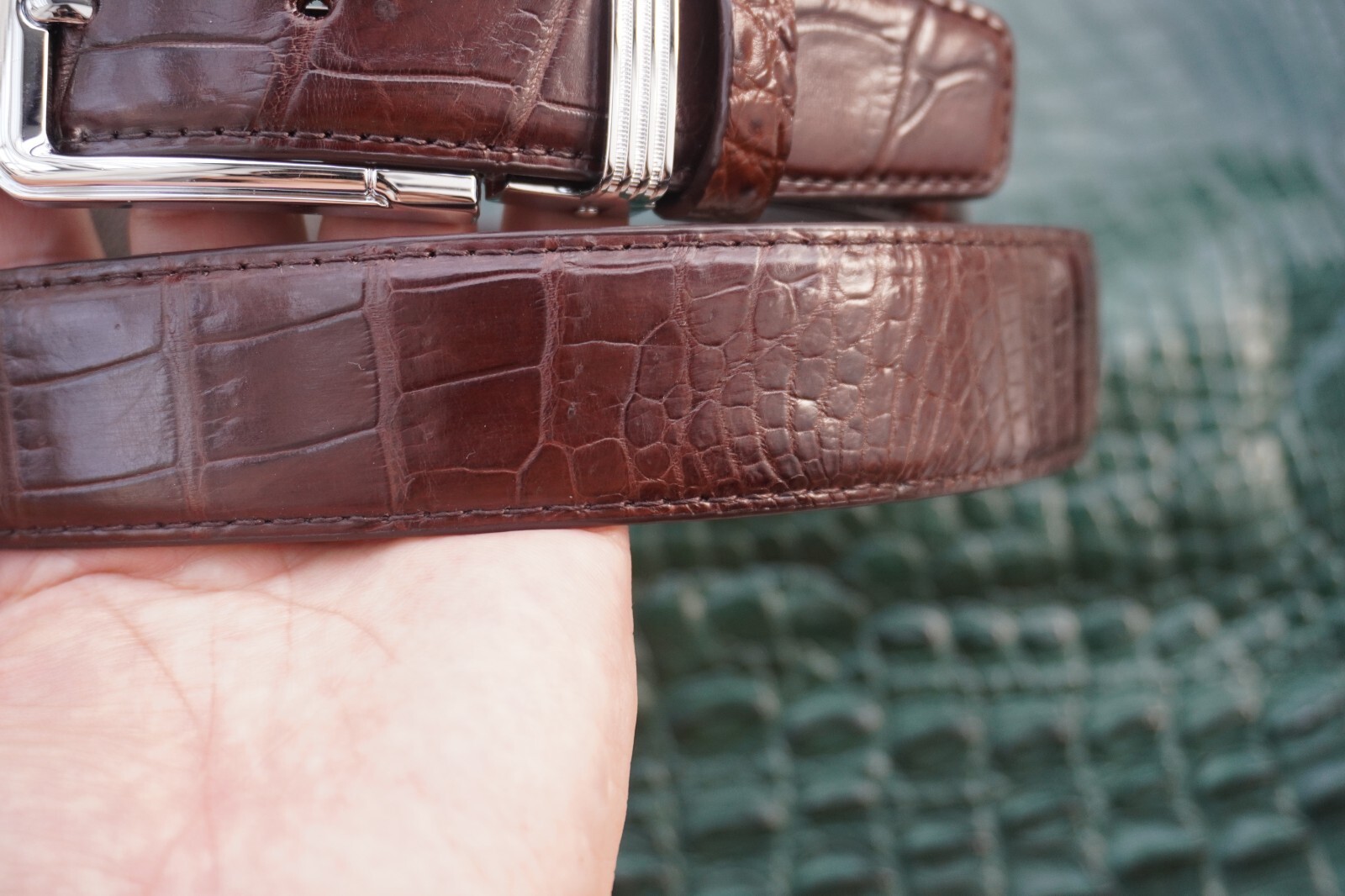 W1.3 inch Brown Real Crocodile Belly Leather Skin Men’s Belt Pin Buckle #K65