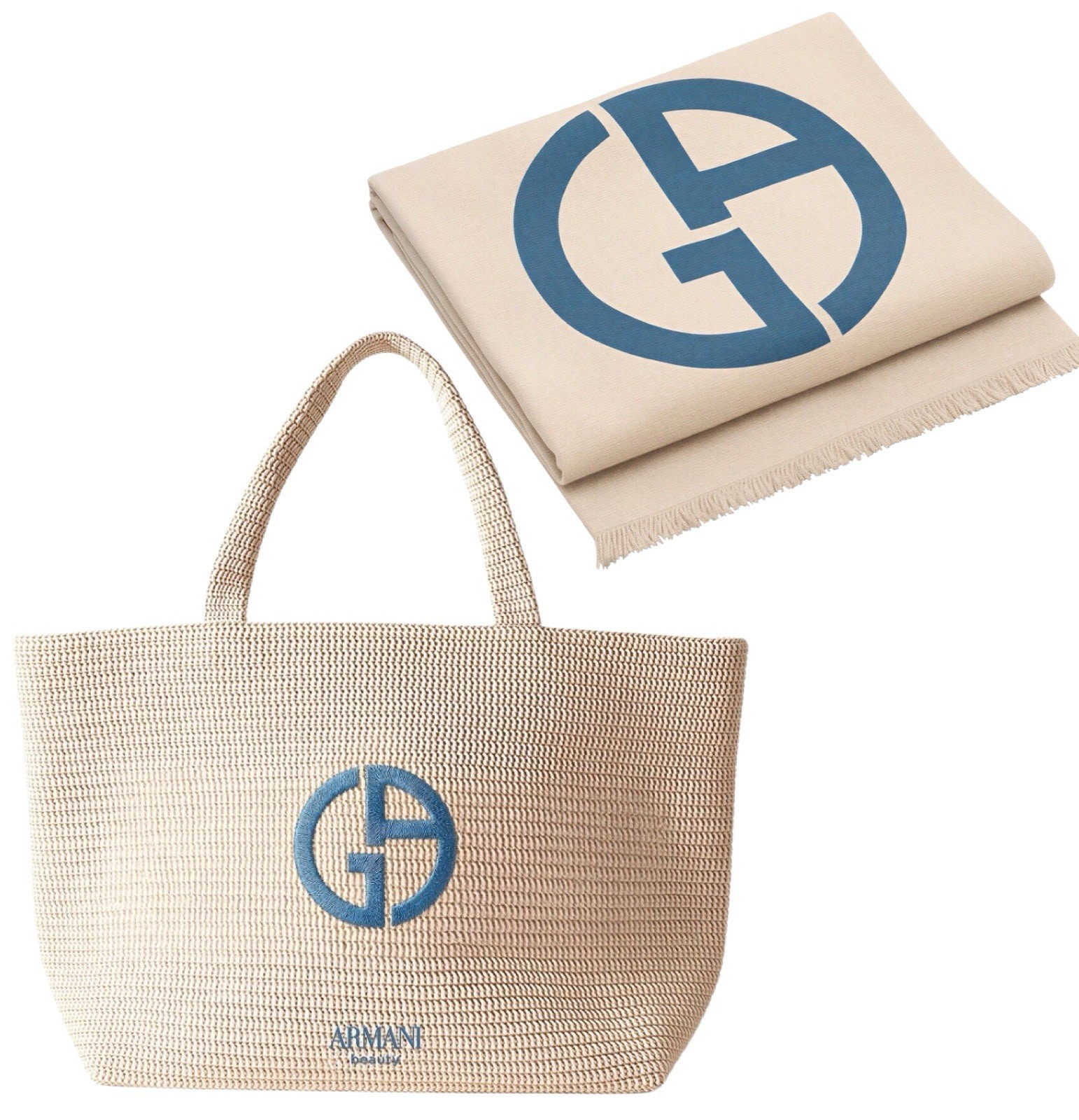 Armani Giorgio Large Beach Bag And Beach Towel In Beige Color And Logo