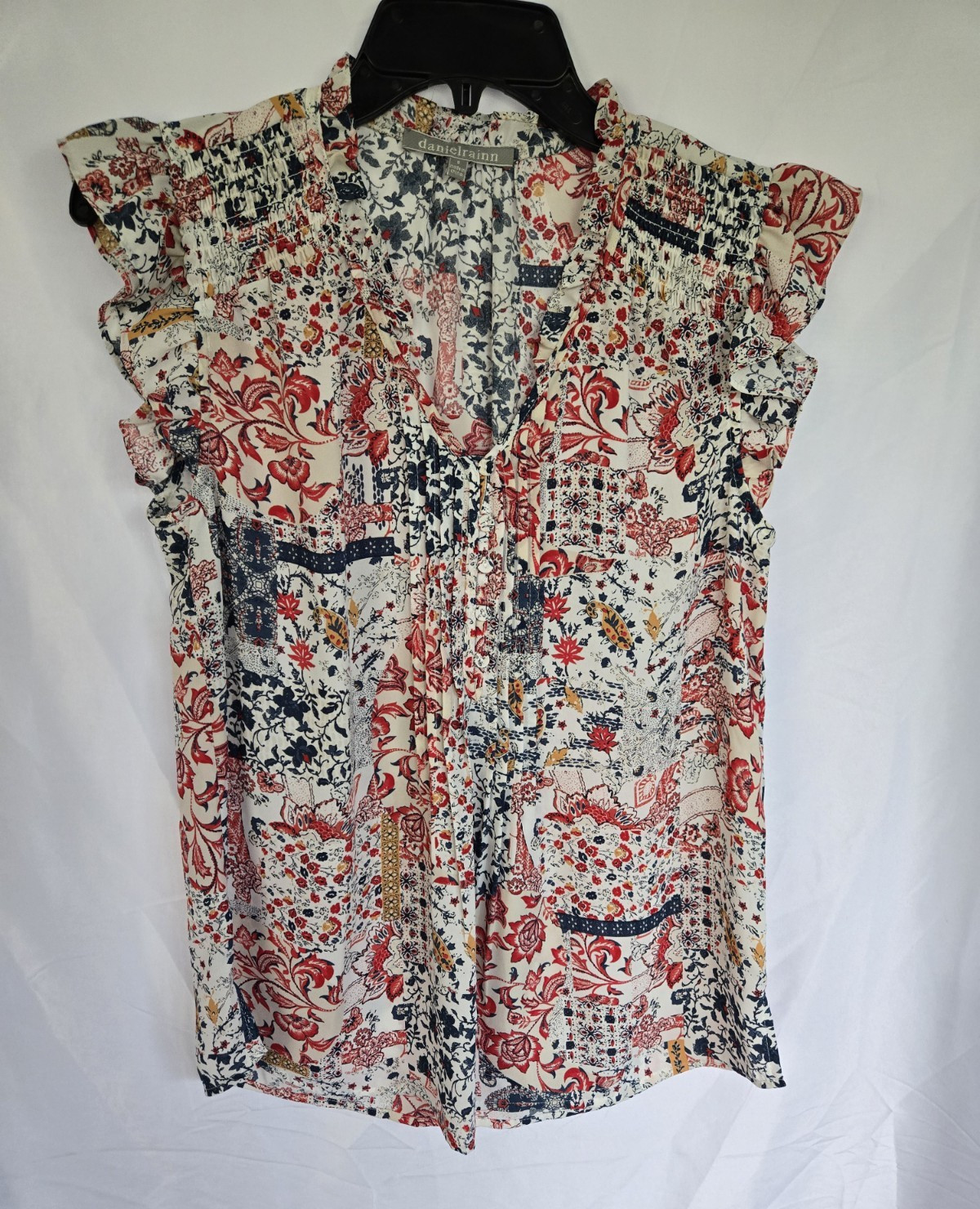 danielrainn Women’s Multicolor Floral Ruffle V-Neck Sleeveless Blouse Size S