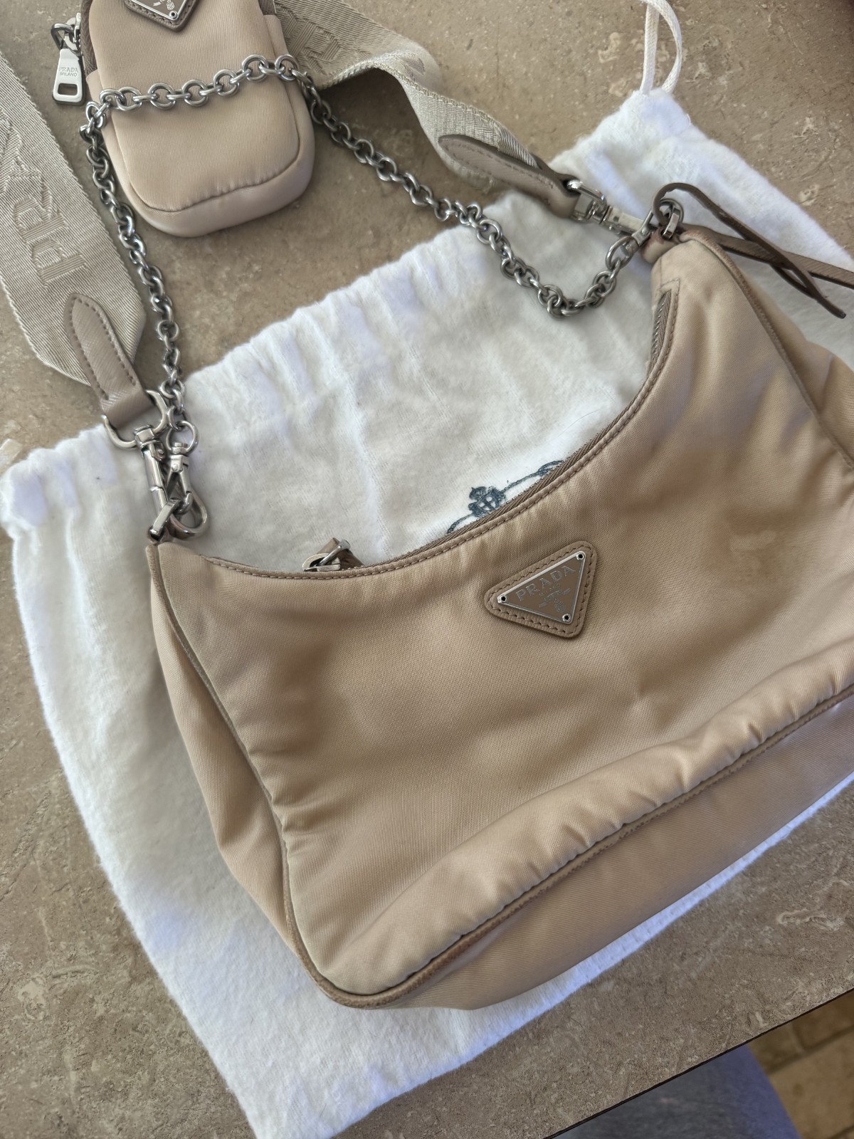 100% Authentic Prada Re-Edition 2005 Re-Nylon bag in Nude