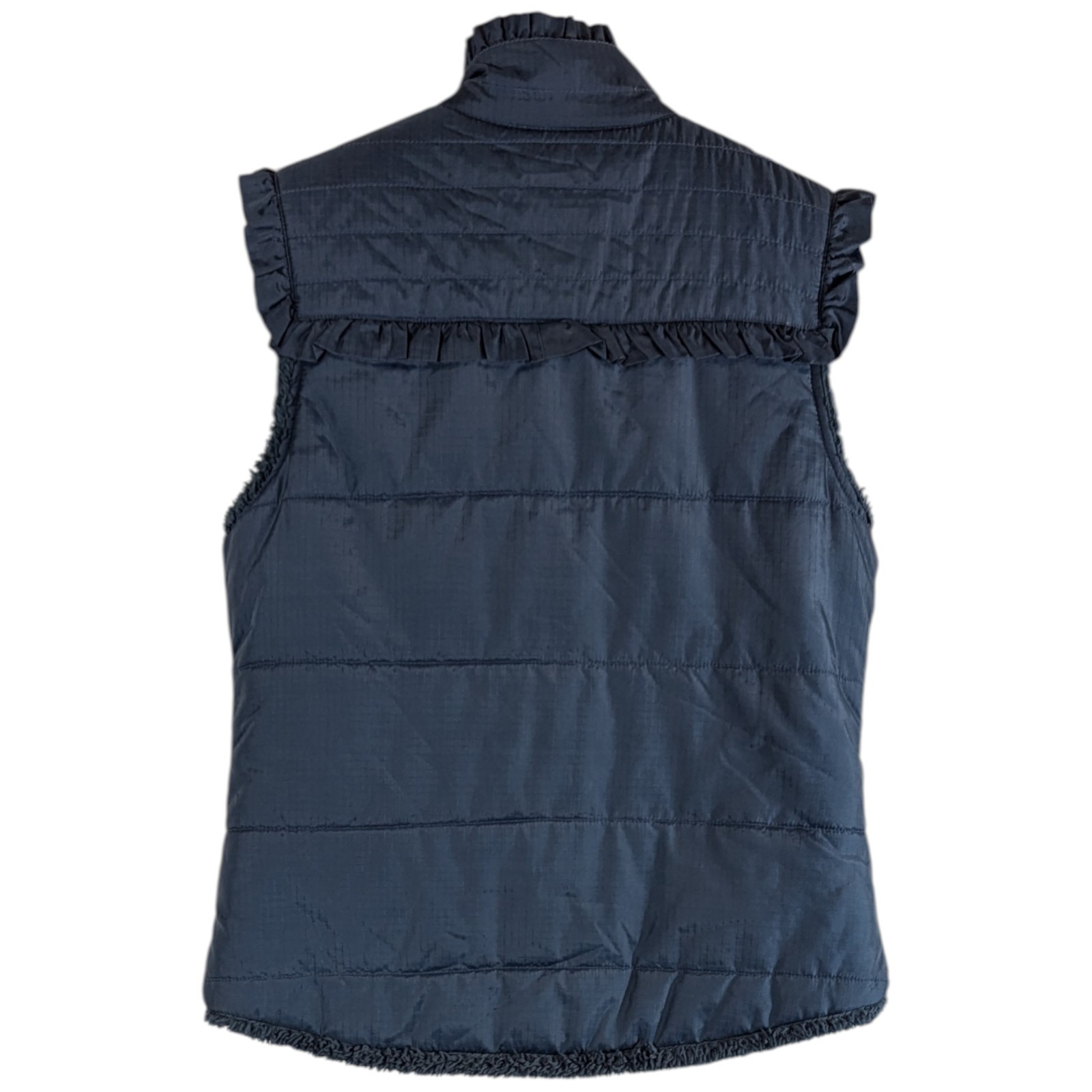 Free People Puffer Vest Dark Teal Blue Green Sherpa Size XS Quilted Ruffle Flaw