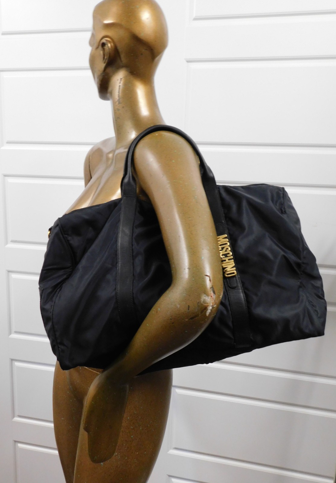 Moschino Redwall Italy Black Nylon Leather Block Leather Duffle Tote Bag