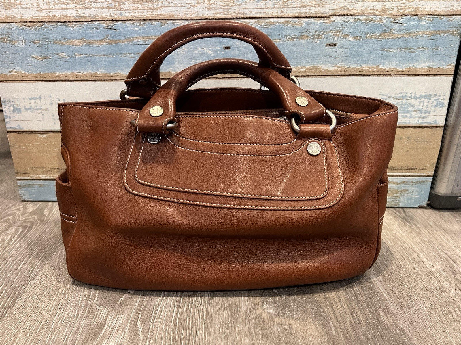 Authentic CELINE Boogie Bag Brown Pebbled Leather Satchel Tote Italy Vintage