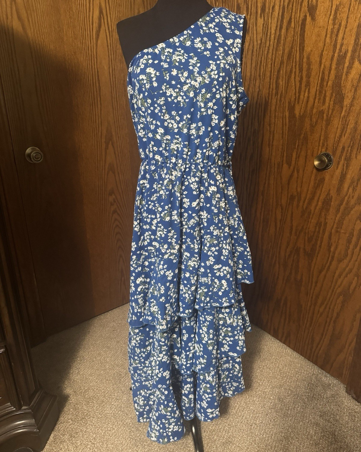 Prettygarden Blue White Floral One Shoulder Ruffle Layered Maxi Dress L