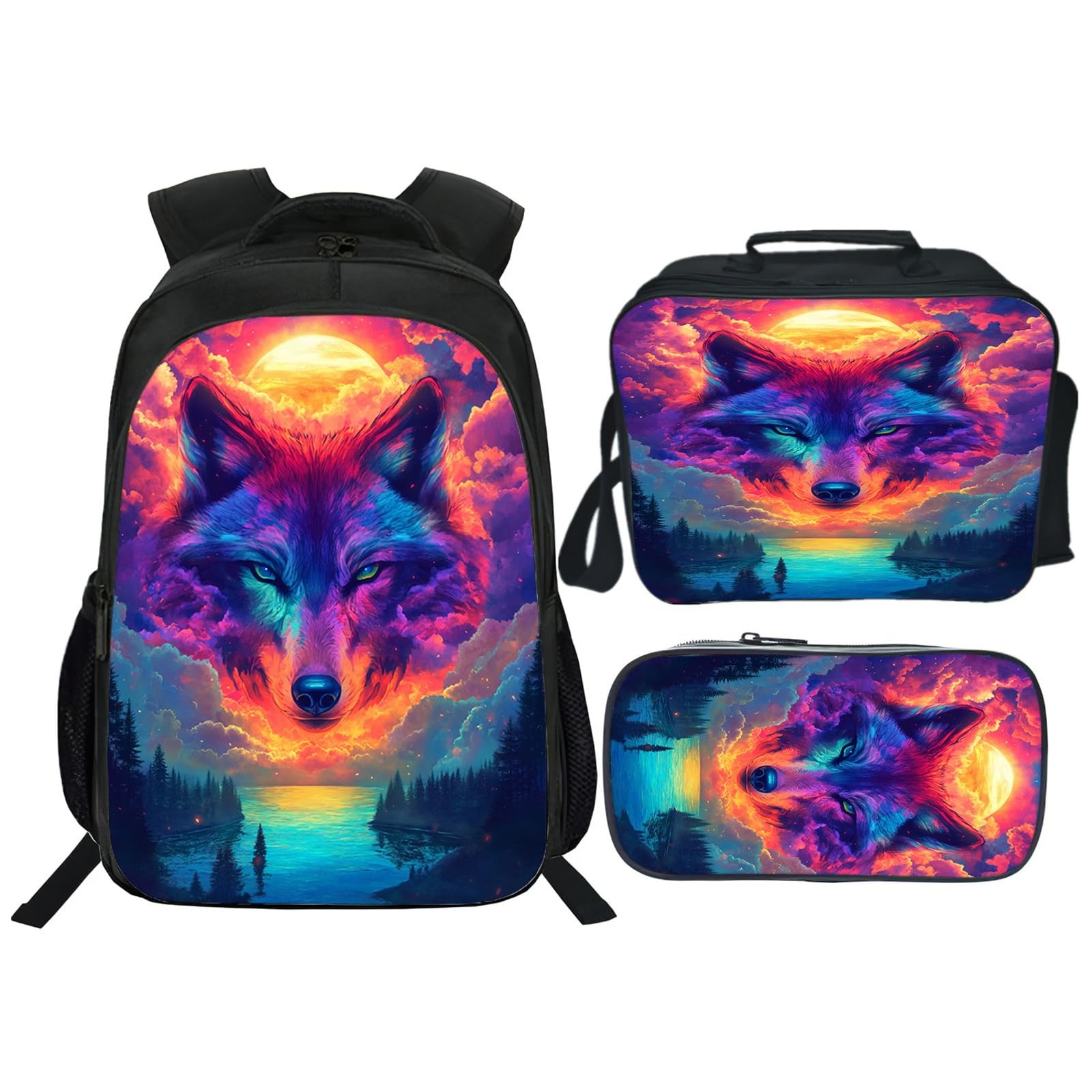 Wolf Backpack Set for Boys Girls 3PCS Cool Animal School Bag with Lunch Box P…