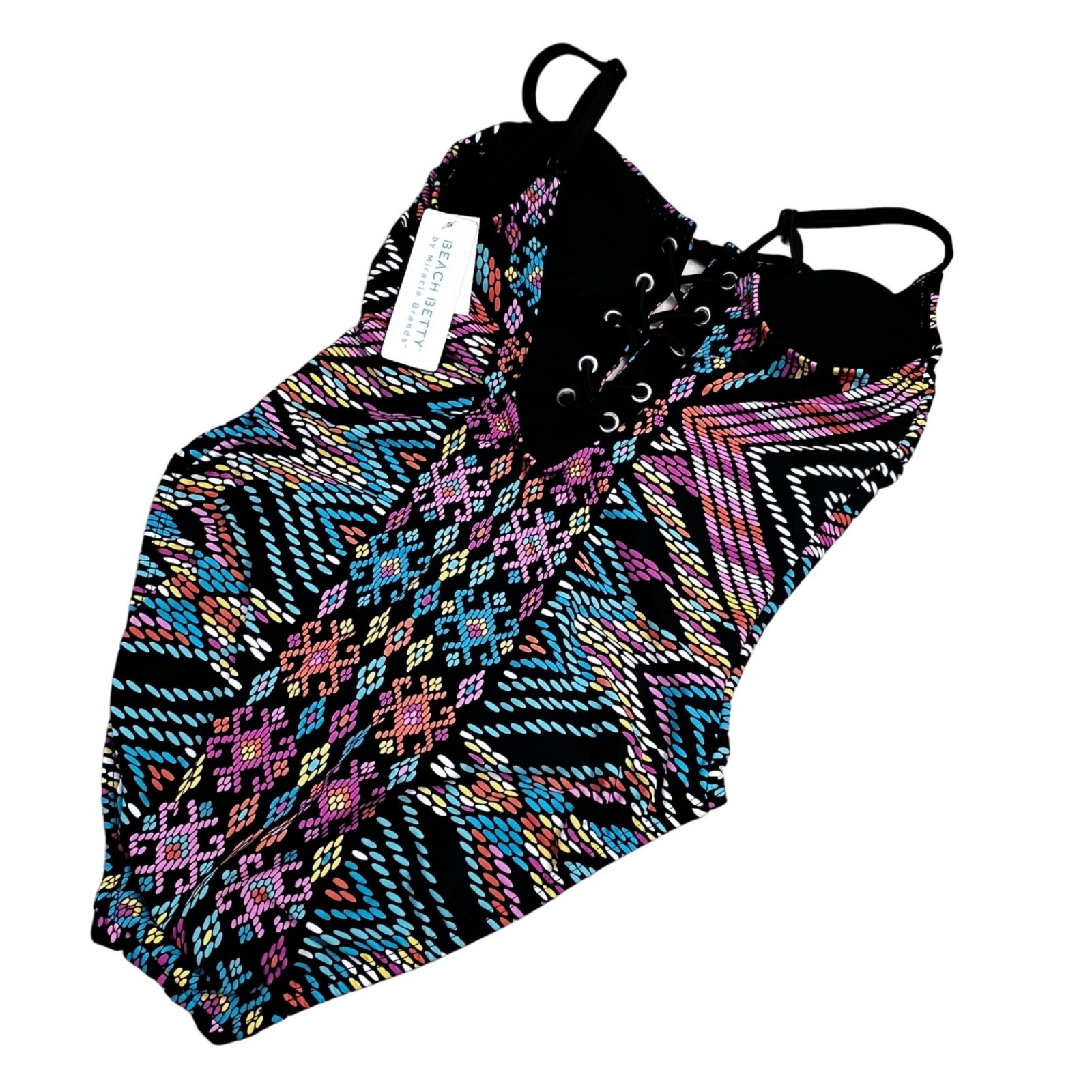 Beach Betty Miracle Brands Swimsuit size S One Piece Black Mosaic Lace Up NWT