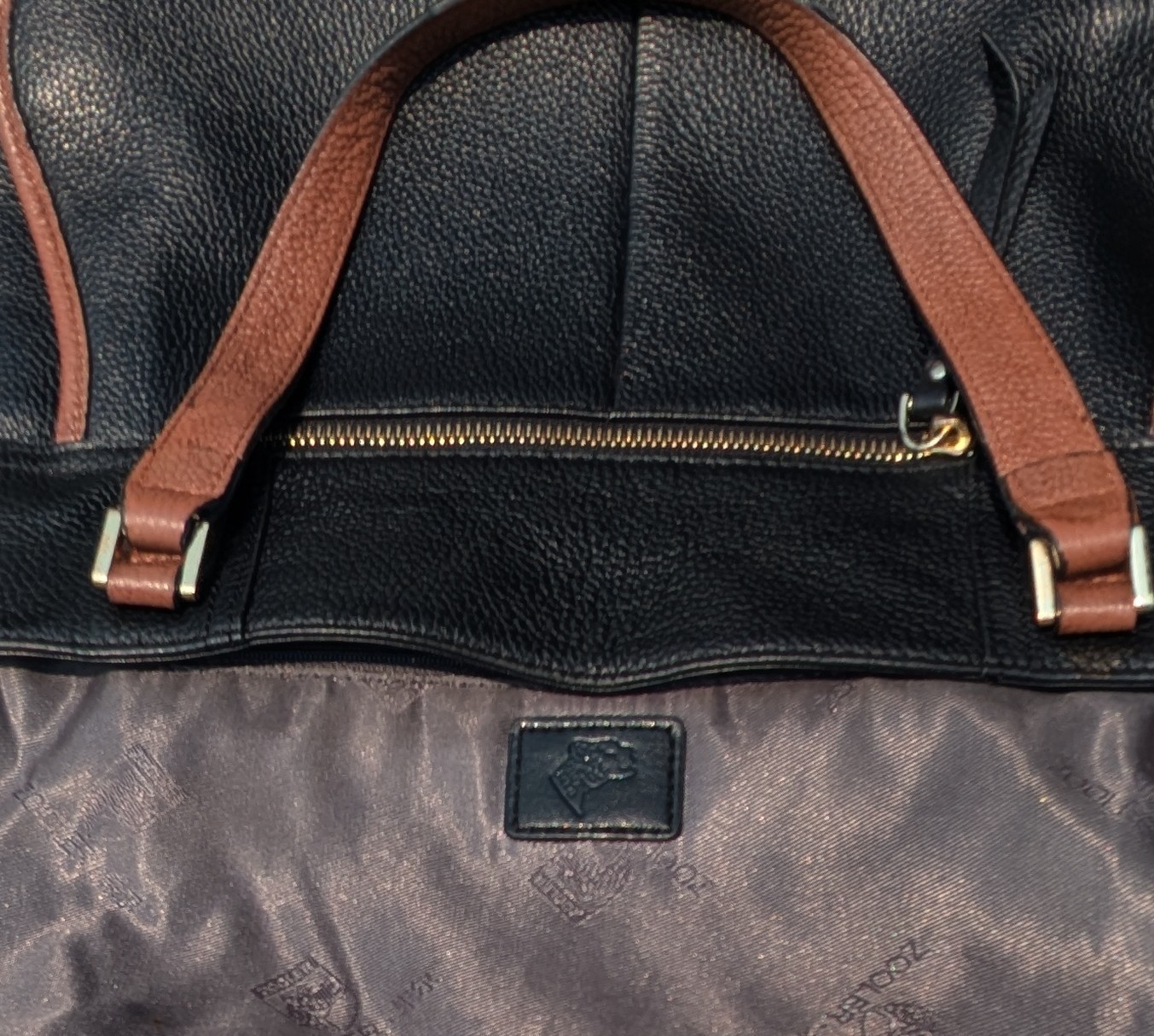 Zooler Black Brown Pebbled Tote Zip Gold Hardware Pockets Lined Bag Charm