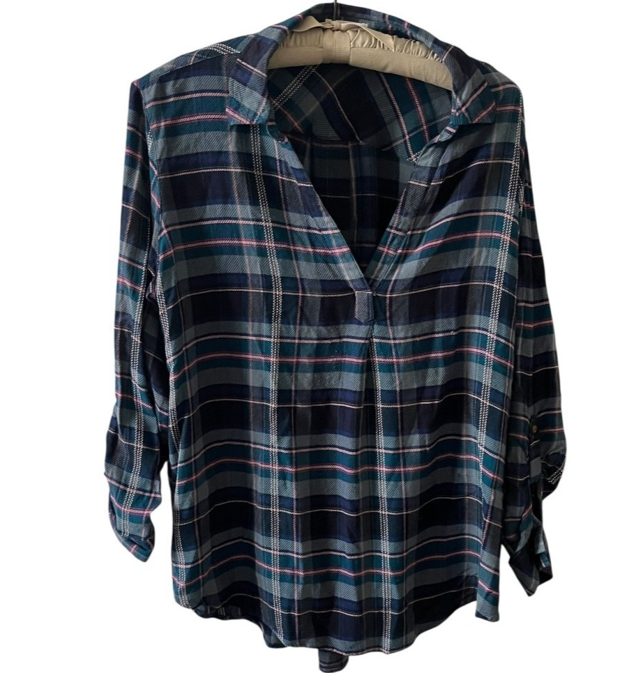 Maurices Womens Large Plaid Split Neck Popover Blouse Navy Teal Pink Roll Sleeve