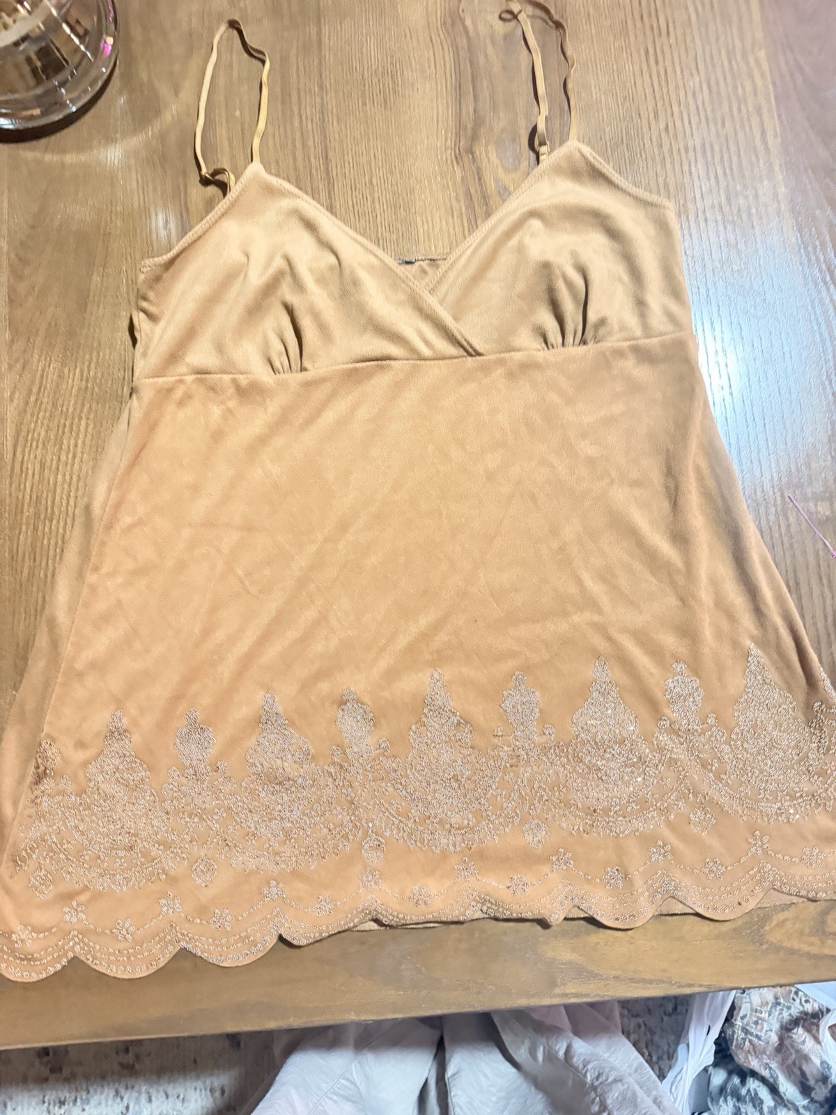 Y2K Glitter Embroidered Scalloped Hem Cami Tank Top Camisole Beige Tan