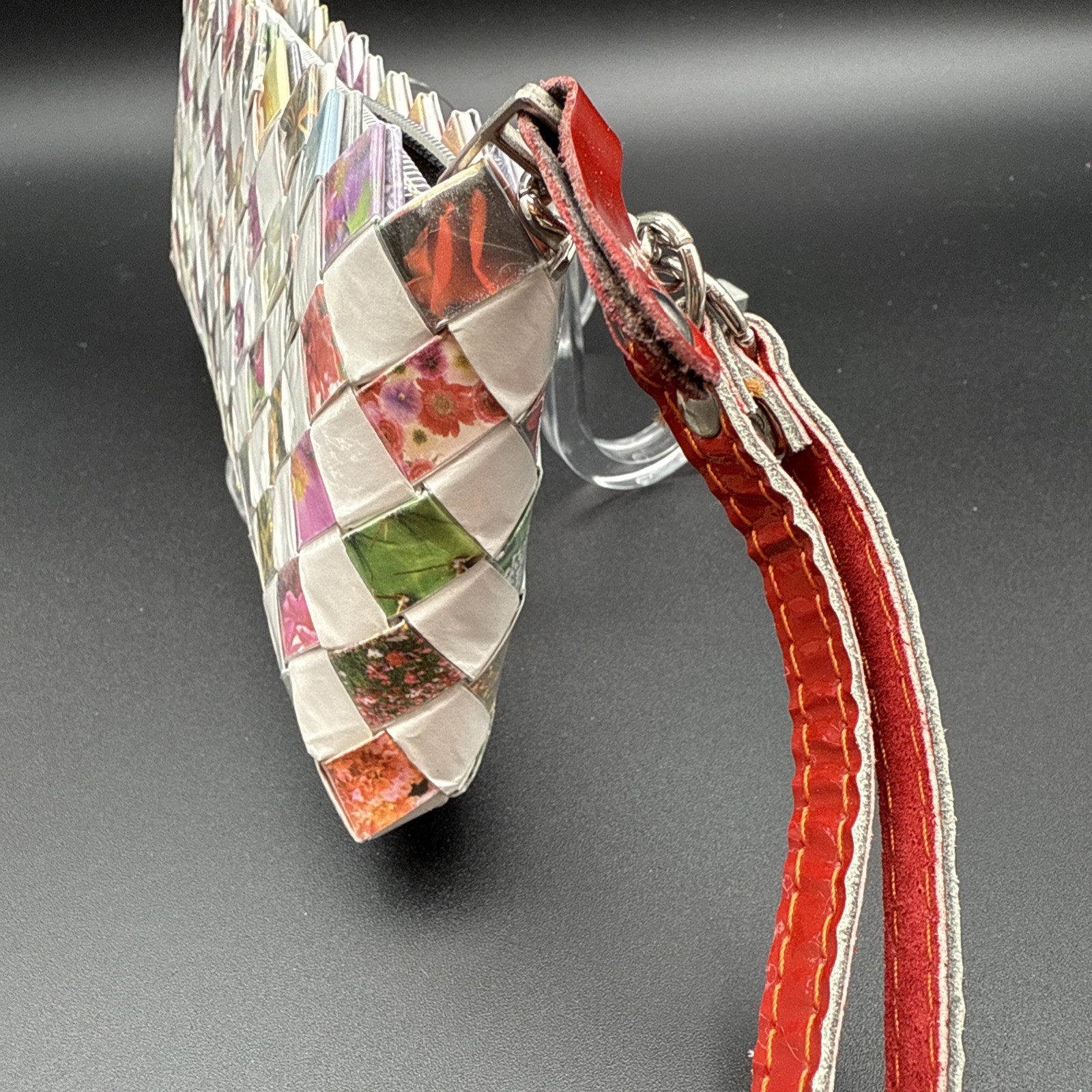 Nahui Ollin White And Floral Candy Wrapper Clutch Purse Wristlet Zip Top Woven