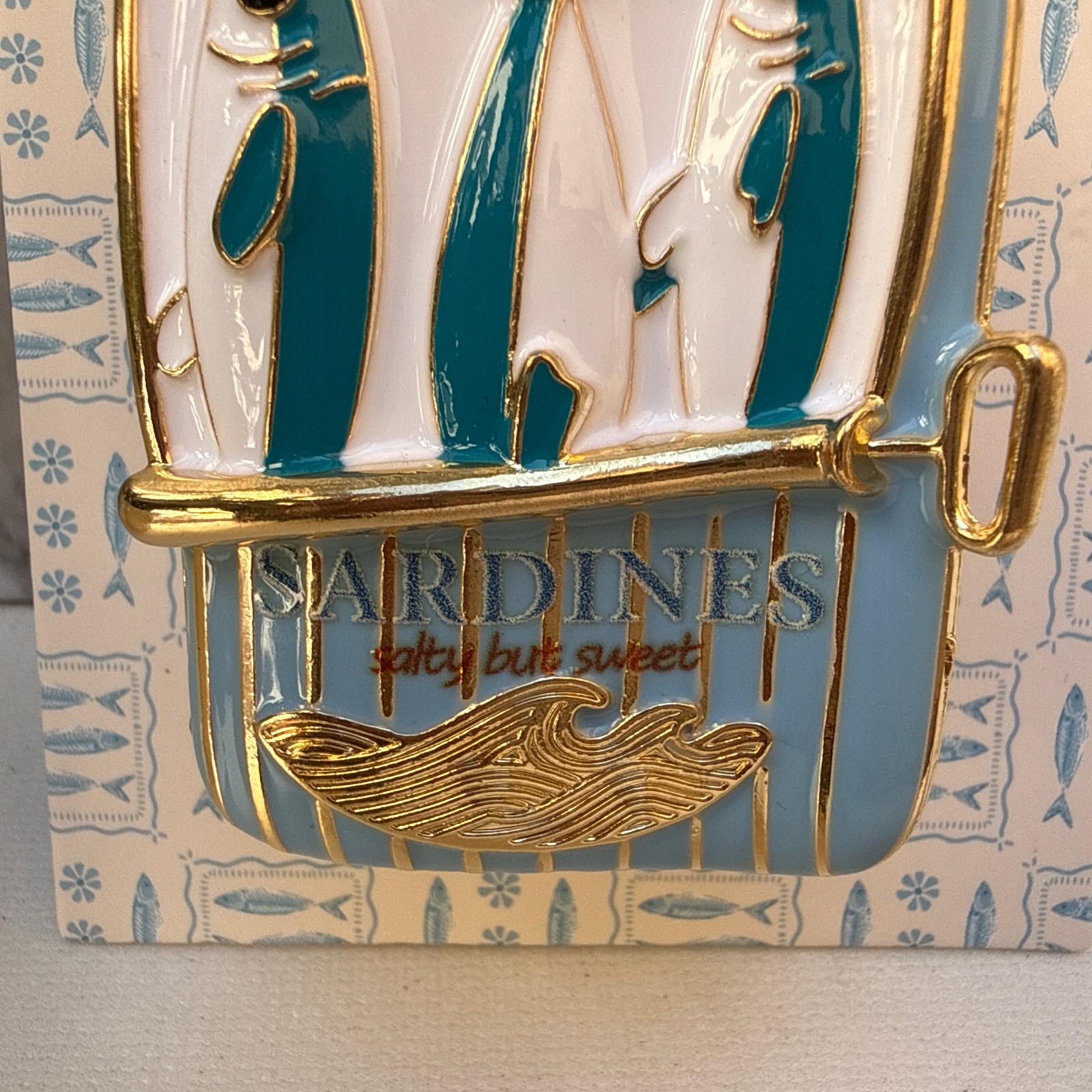 Persimmon Sardines Enamel Pin Brooch Salty But Sweet Fish Tin Gold Tone New
