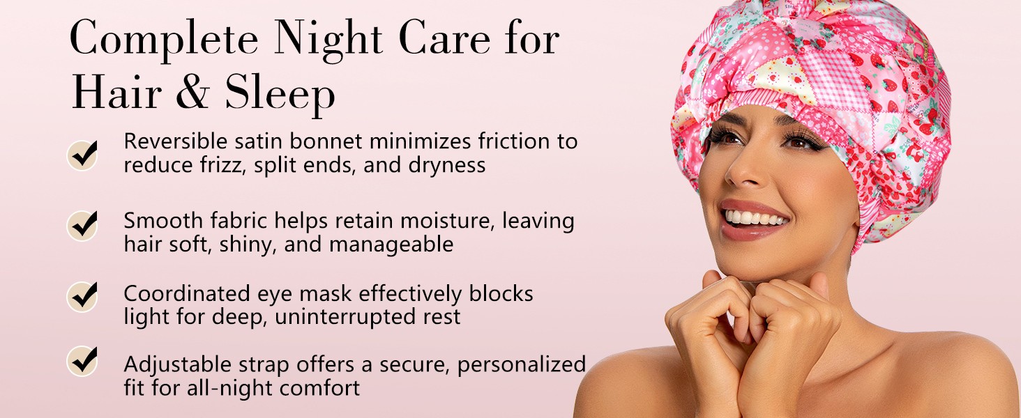 Double Layer Satin Bonnet with Eye Mask Adjustable Silk Sleep Cap Turban Style