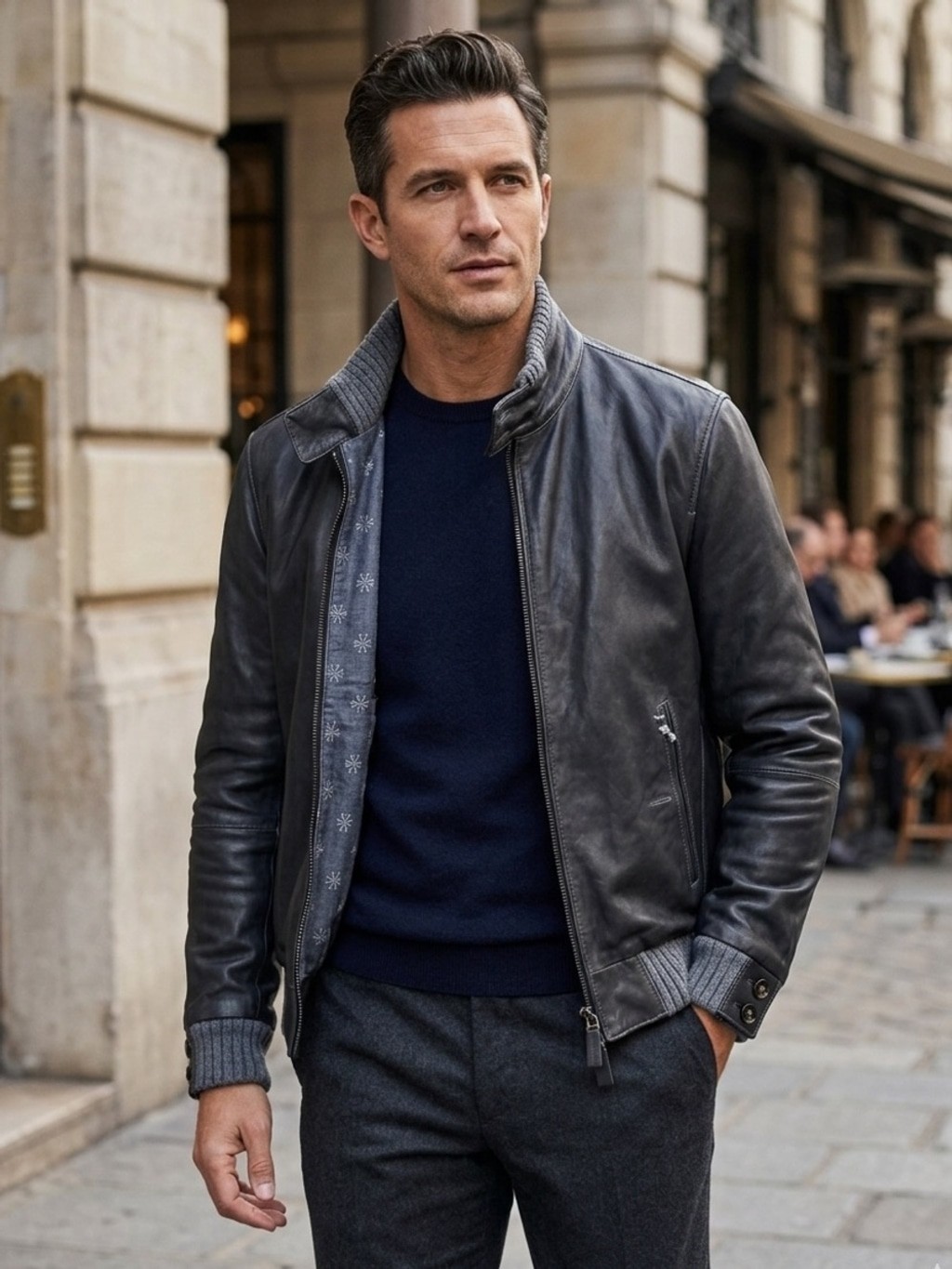 Jacob Cohen Black Lamb Leather and Wool Trim Bomber Jacket Size 50 Made in Italy