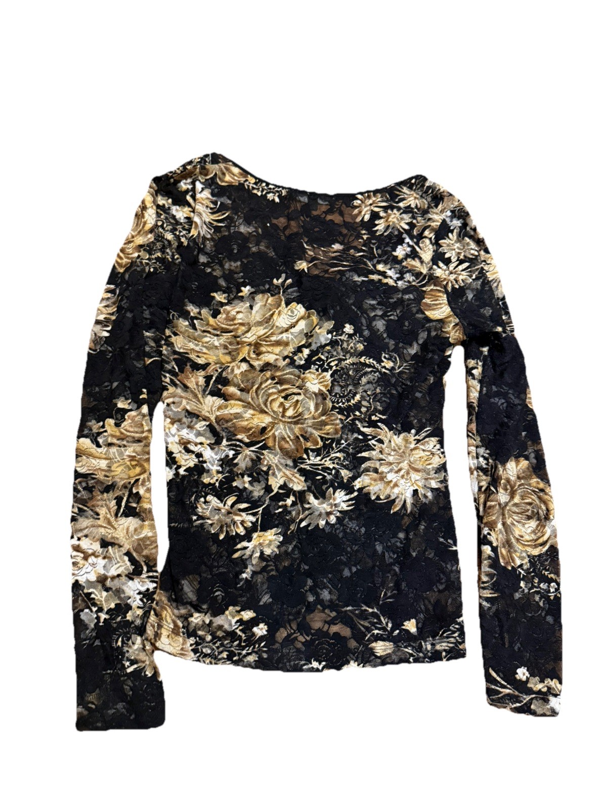 Vintage Y2K Black gold Floral lace top with beaded neckline whimsigoth fairycore