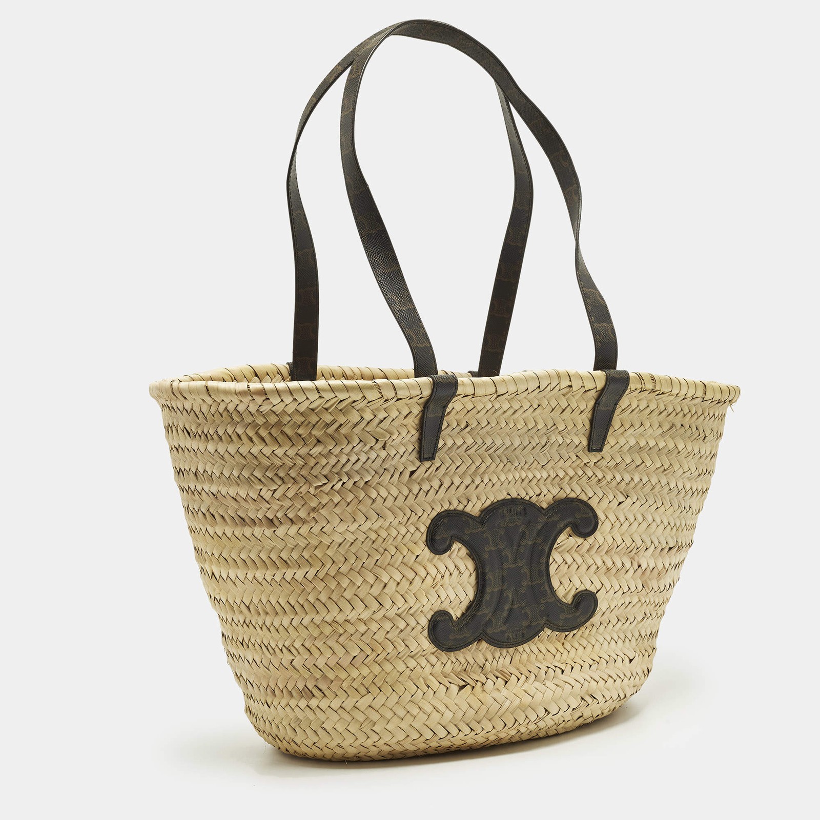 Celine Triomphe BlackBeige Raffia and Printed Coated Canvas Basket Bag
