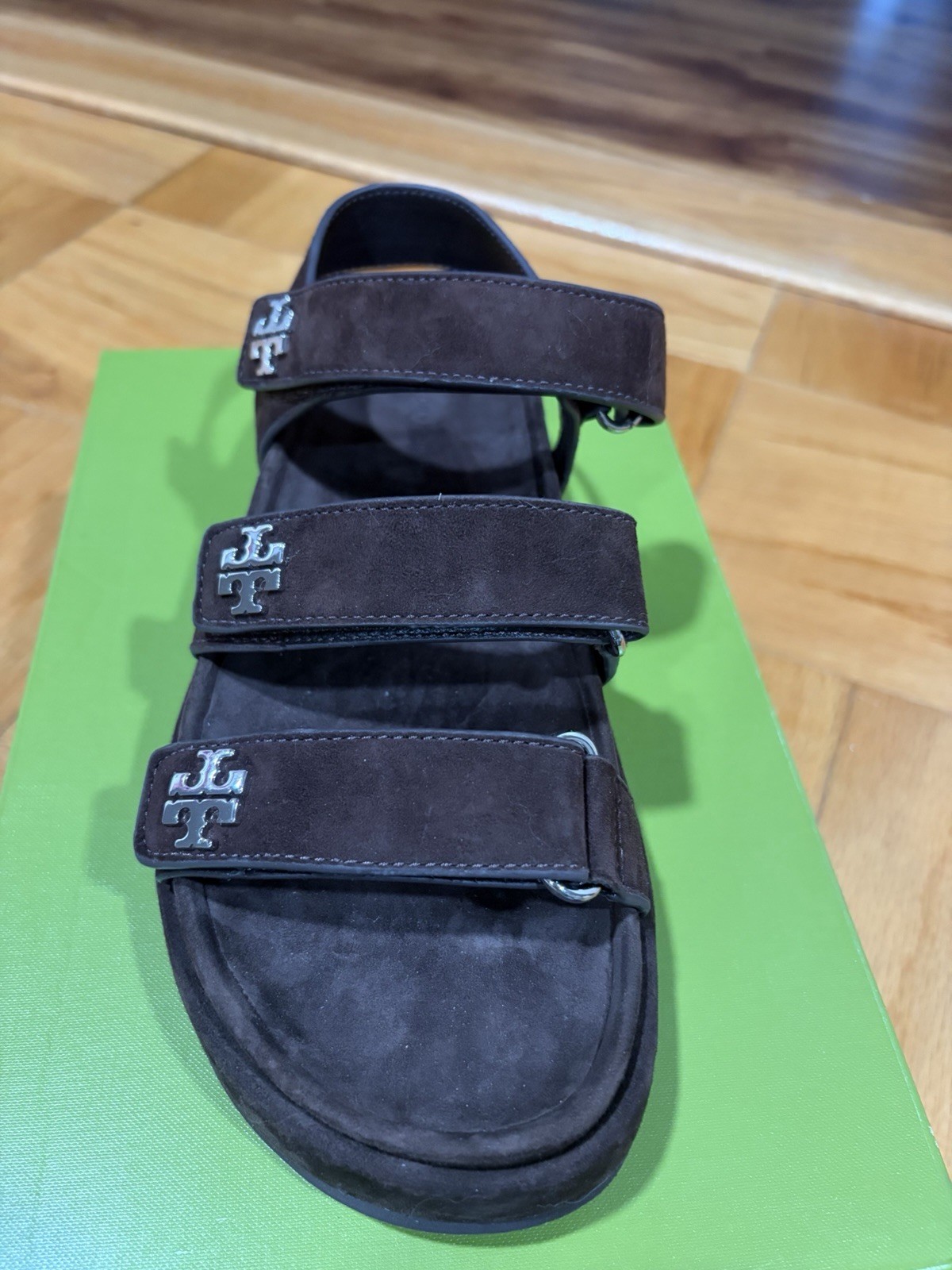 NWB Tory Burch Kira Triple Strap Suede Sandals Hook & Loop Brown/Silver Women 7