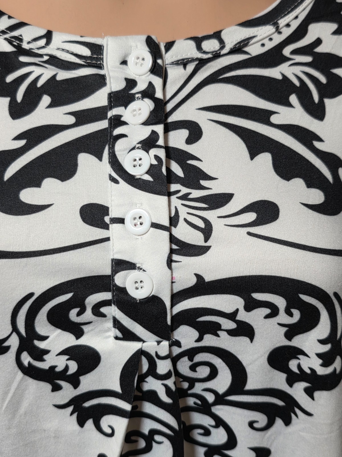 Naggo White & Black Print Tunic Top Button V-Neck & Asymmetrical Hem Size Med.