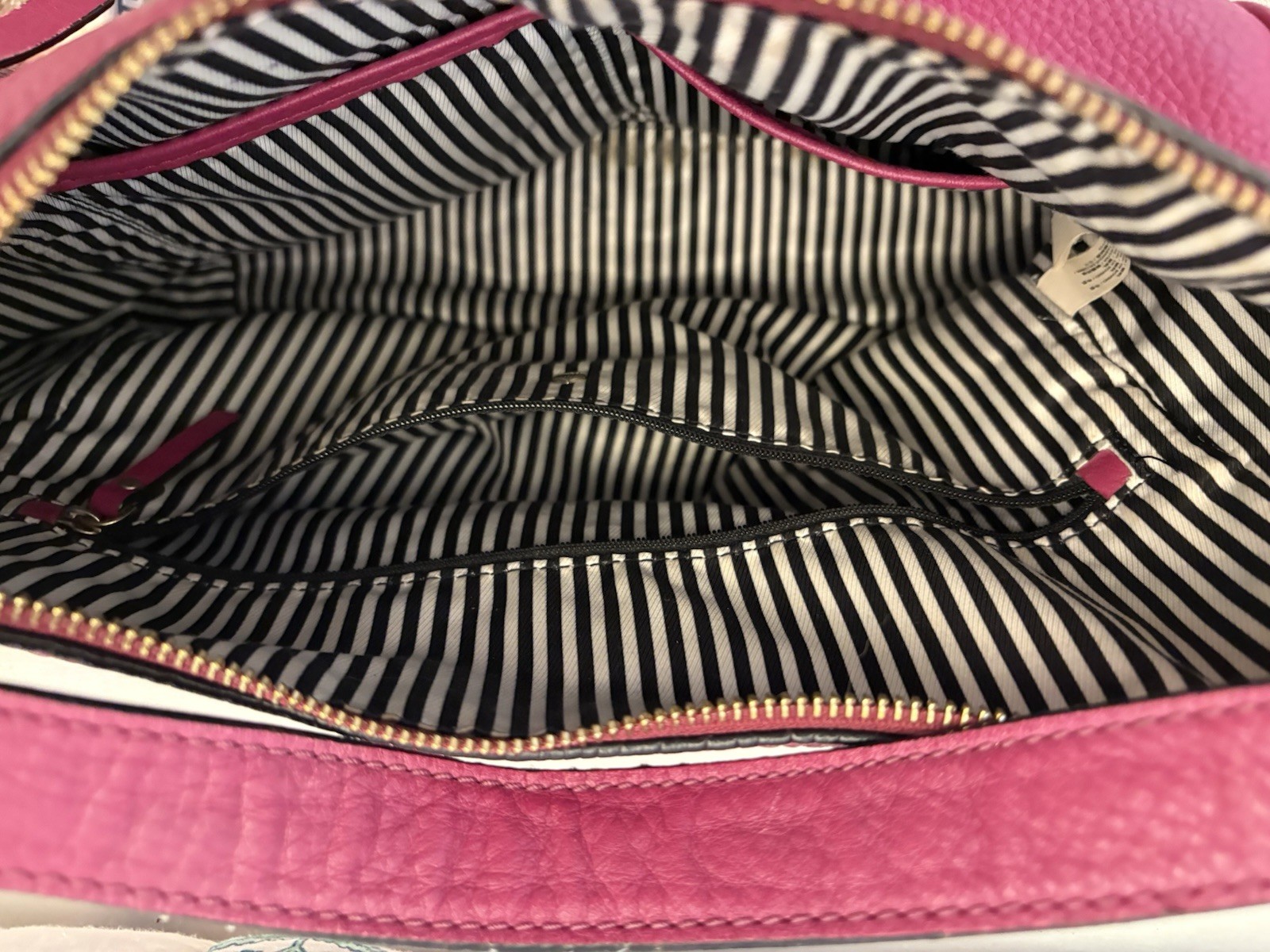 Kate Spade New York Pink Pebbled Shoulder Bag Zip Striped Lining Gold Hardware