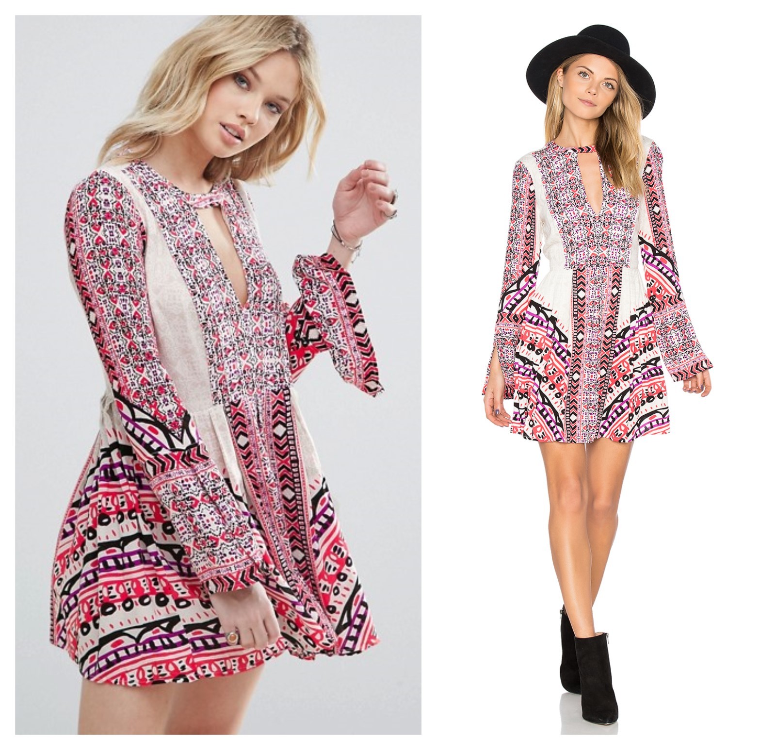 FREE PEOPLE BOHO KEY HOLE TEGAN BOARDER PRINTED MINI DRESS Sz 4 NWT $108