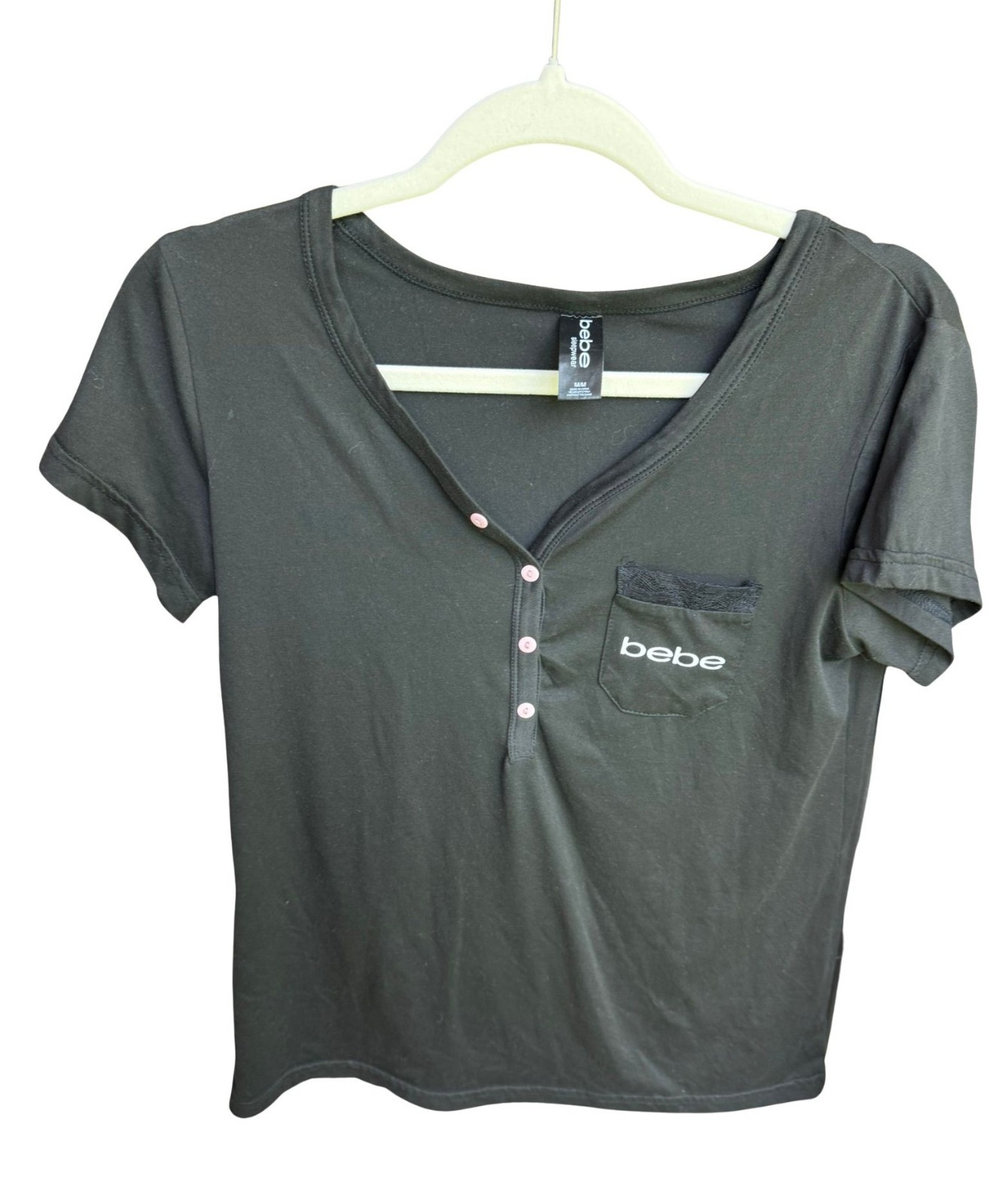 Bebe Women’s Small Black Baby Tee Y2K Henley Top Pink Buttons Lace Pocket
