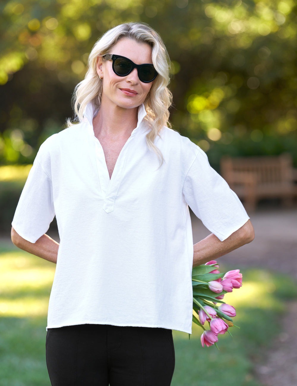 FRANK & EILEEN PATTY Short-Sleeve Popover Henley white top shirt size M