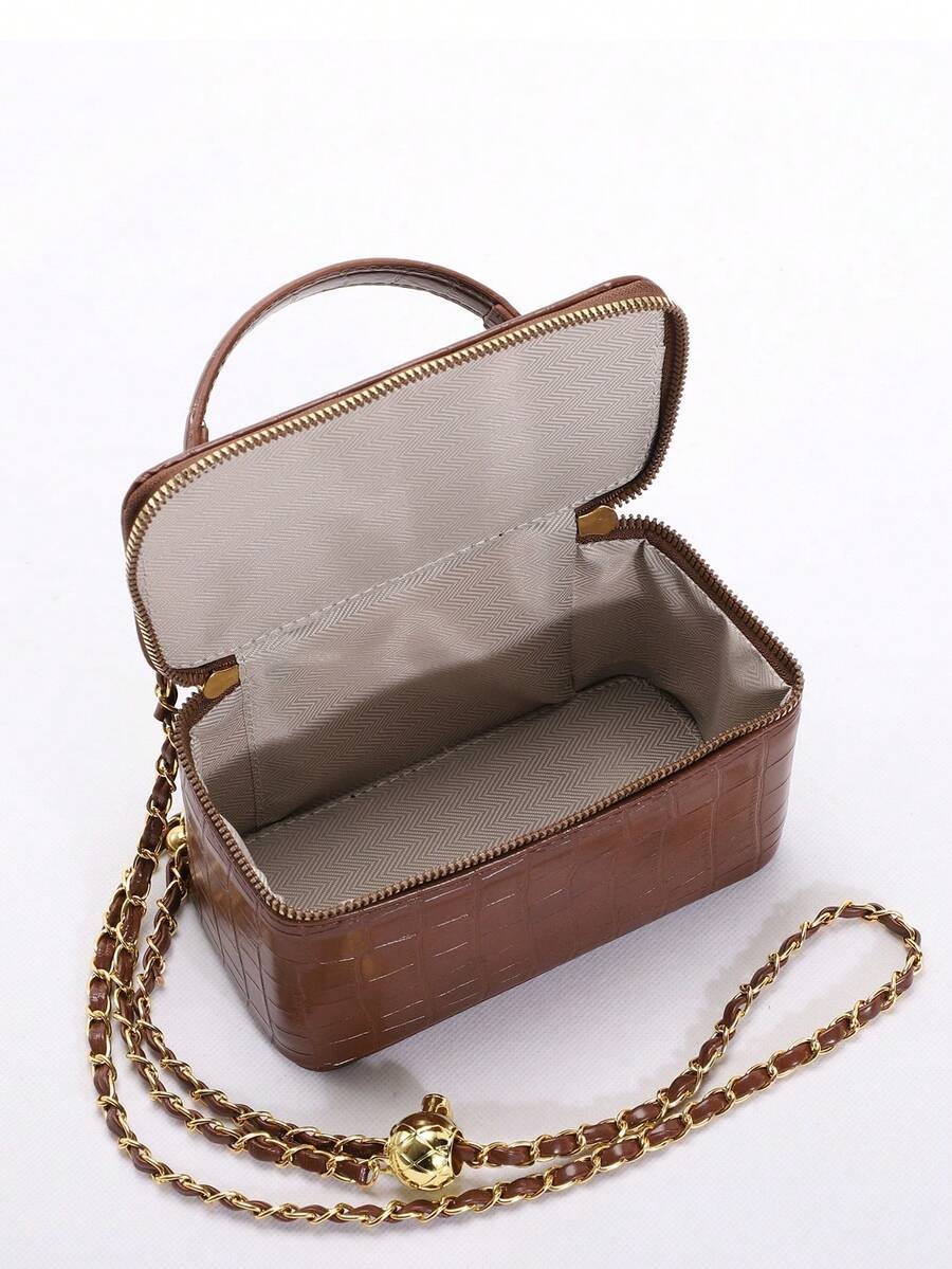 Mini Quilted Box Bag Rhinestone Embroidery Zipper Handbag Chain Strap Purse