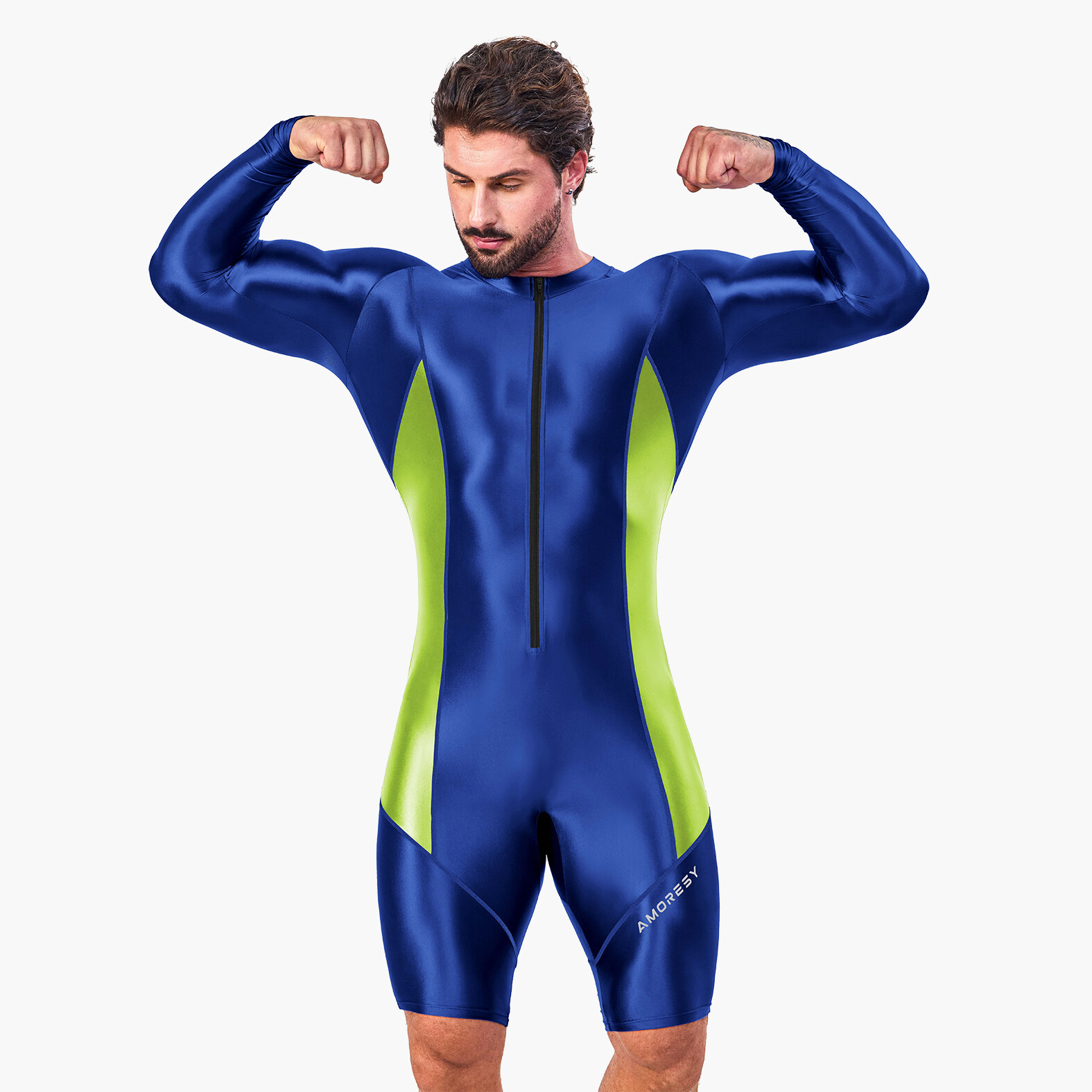 AMORESY Men Glitter Tracksuits Long Sleeve Fitness Overalls Gymnastics Leotards