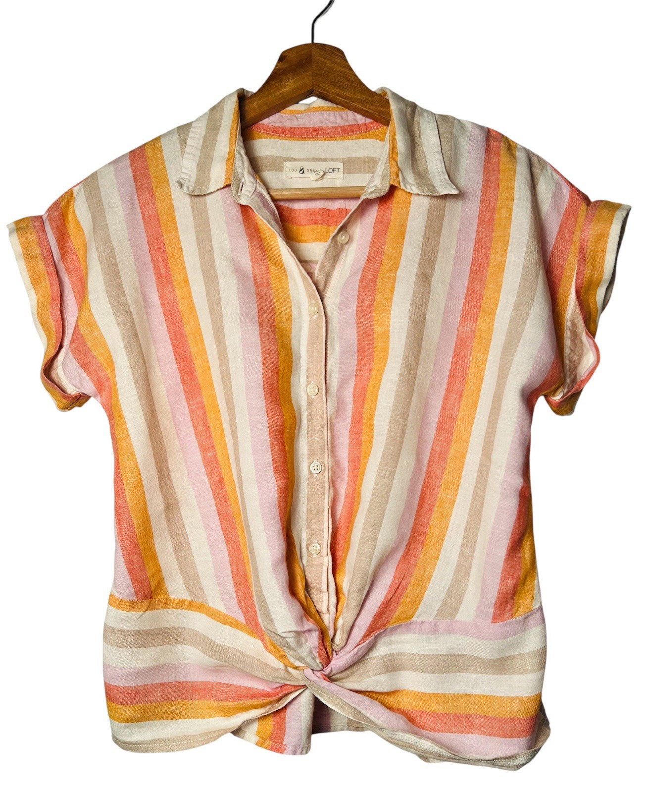 Lou & Grey Top XS Pastel Stripe 100% Linen Button Up Twist Front Shirt Boho