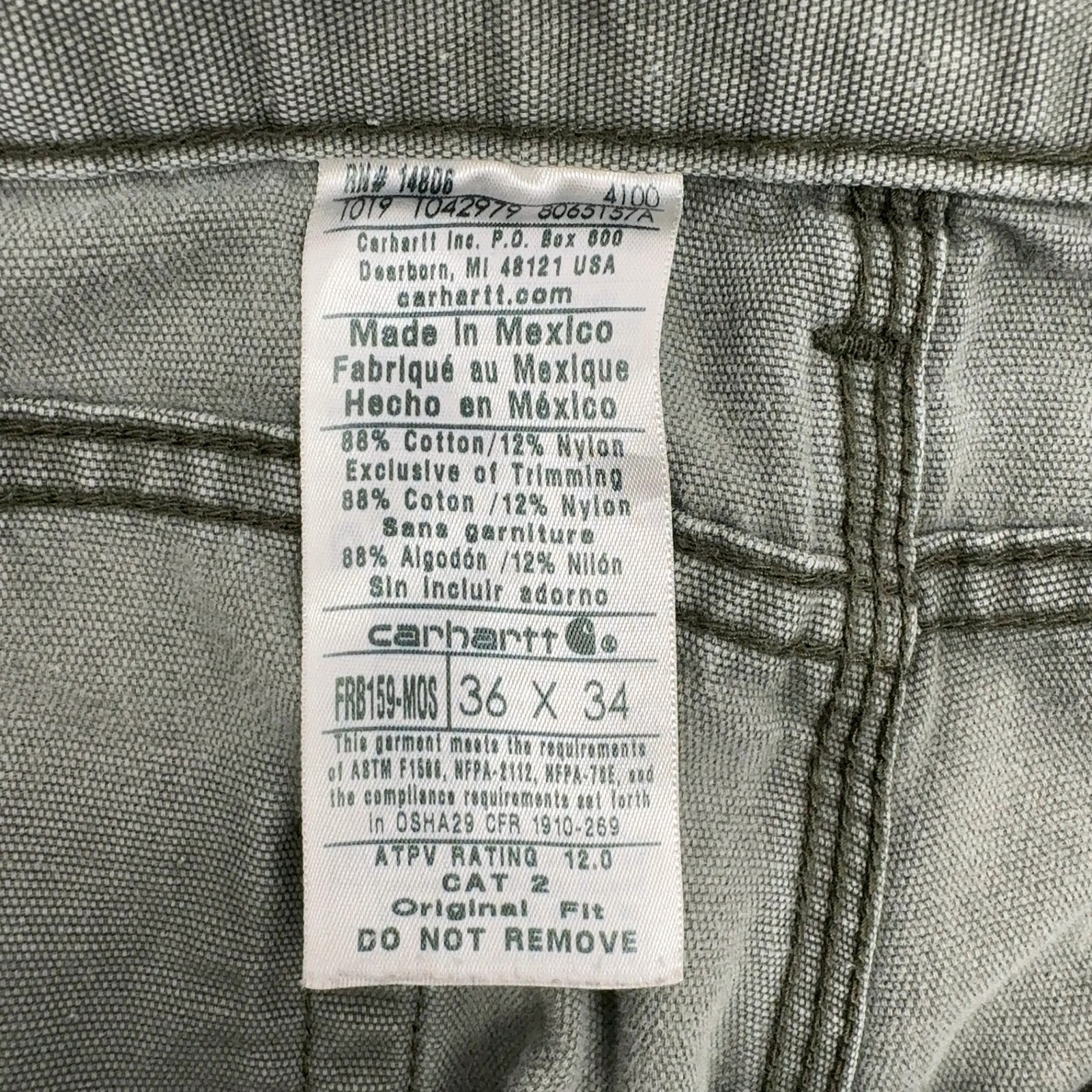 Carhartt Pants Mens 36×34 Moss Green Cotton Nylon FR Flame Resistant Workwear
