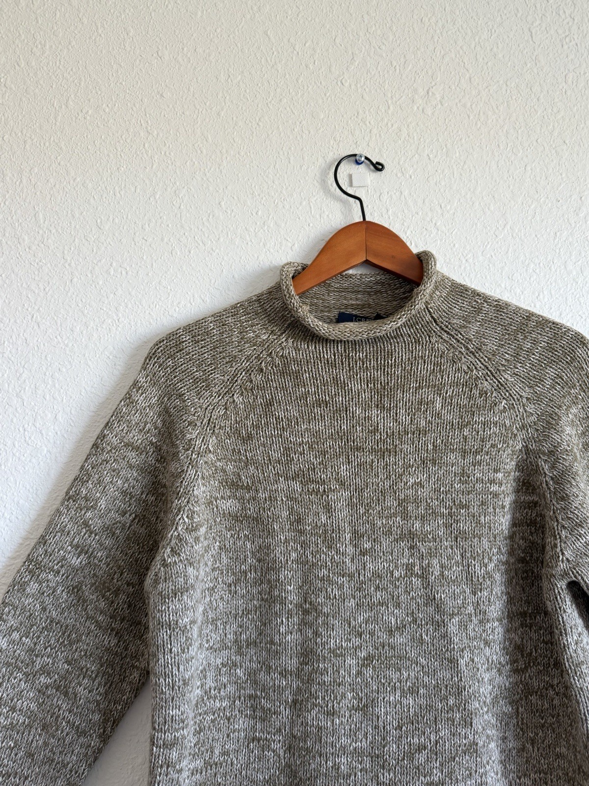 J.Crew 1988 Roll Neck Marled Olive Green Cotton Raglan Sweater