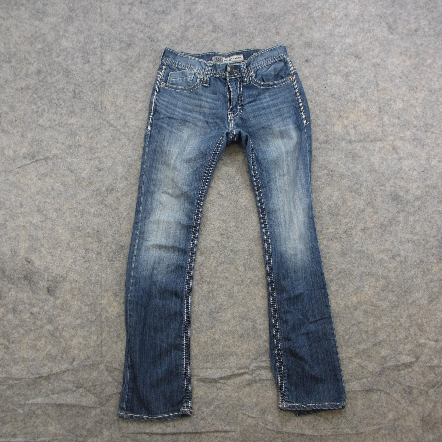 BKE Aiden Straight Jeans Women’s Blue Wash 27S Stretch Denim Contrast Stitch