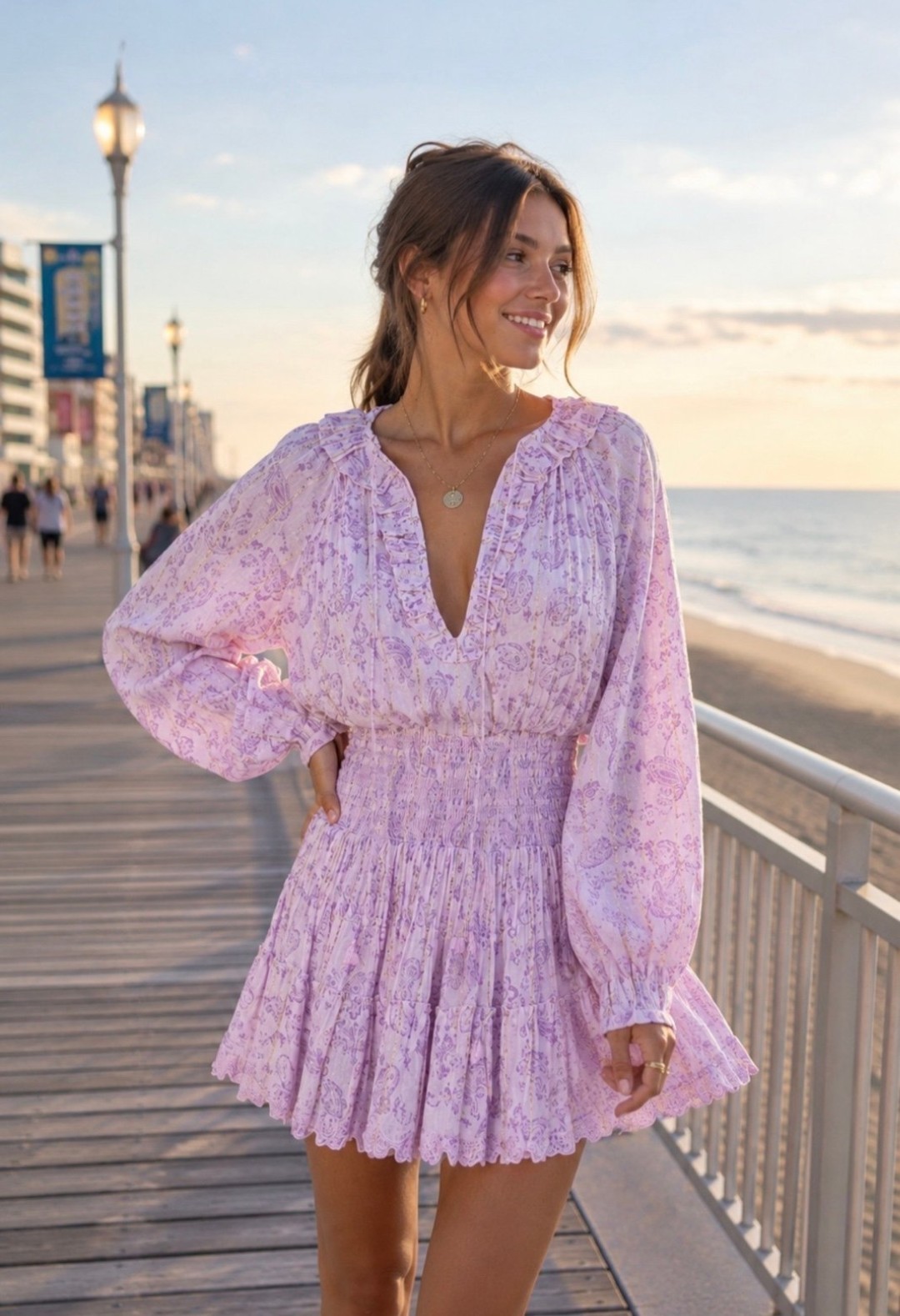 House of Harlow 1960 Pink Paisley Smocked V-Neck Long Sleeve Mini Dress L