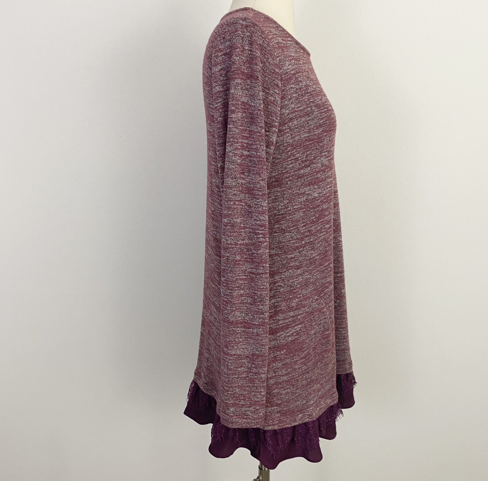 LOGO Lori Goldstein Layered Lace Hem Long Sleeve Marled Knit Tunic XS (2/4) Plum