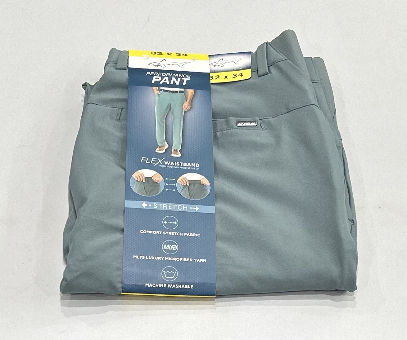 Greg Norman Men’s Performance Flex Waistband Snap Button Pants, Green, 32X34