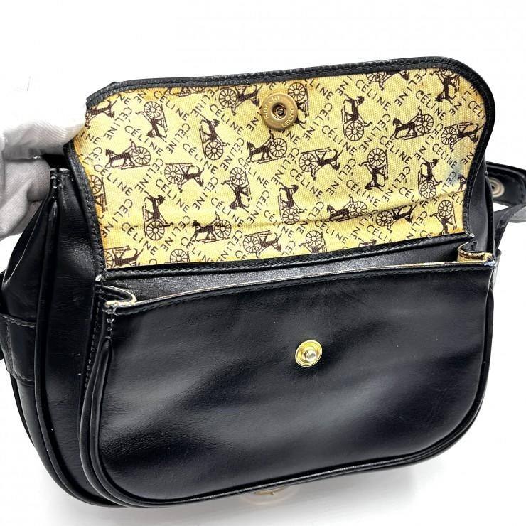 CELINE Vintage Horse Carriage Black Leather Shoulder Bag Gold Hardware Women