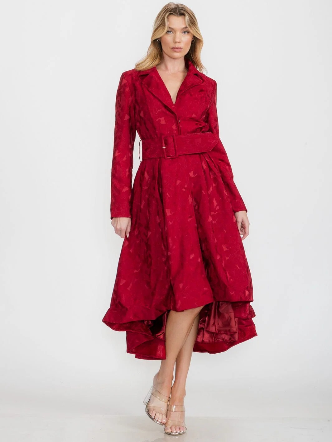 Wine Red Lace Overlay Dress Coat Size Medium Lined Belted Button Closure