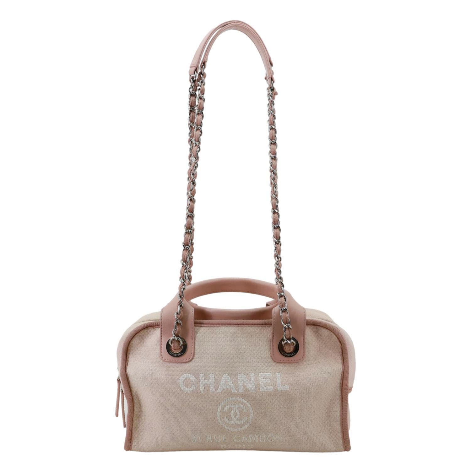 CHANEL Deauville Canvas Leather Bowling Shoulder Bag Light Pink