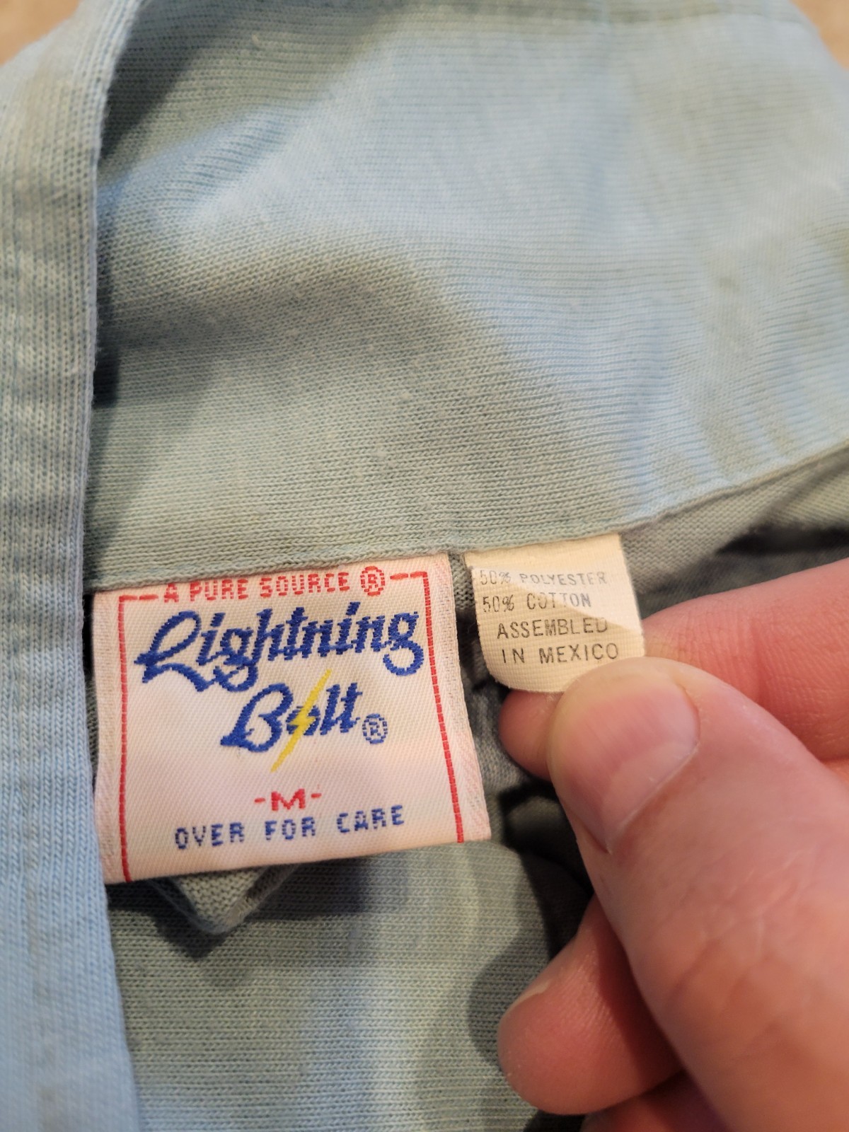 VTG 70s Lightning Bolt Polo Shirt Surfer Waves Wood Button Blue Surf Sz Xs*