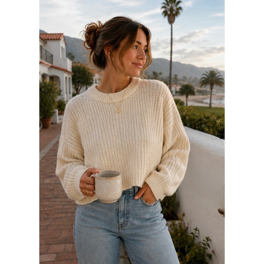 Aerie Cream Chunky Knit Sweater Medium Wool Blend Boxy Relaxed Cozy Cottagecore
