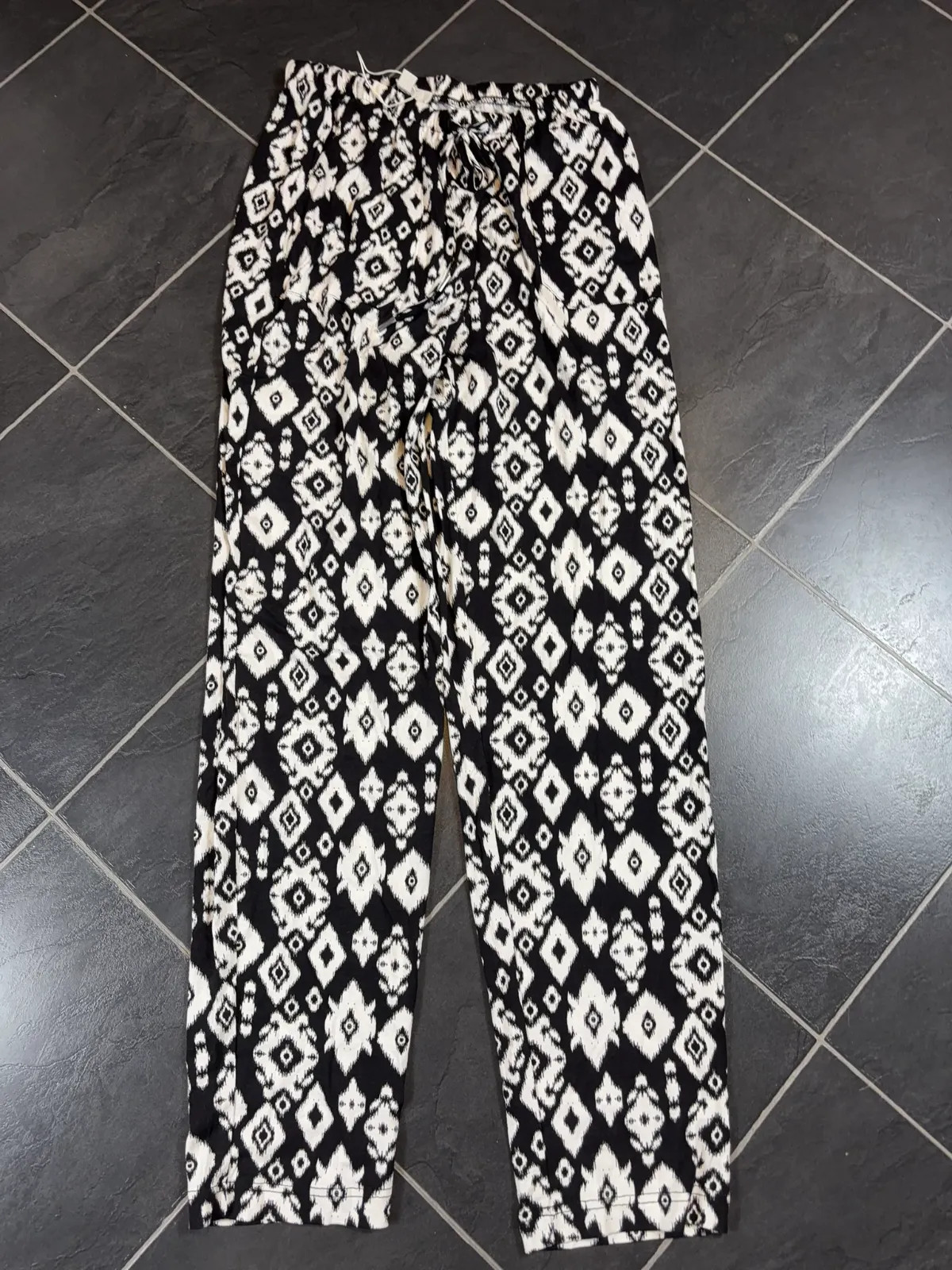 M&S Trousers Womens Black White Geometric Print Pull On Elastic Waist Drawstring