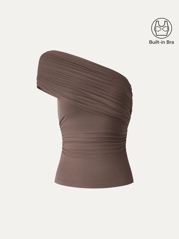 OGL One Shoulder Gathered Bra Top – Chocolate Brown NEW