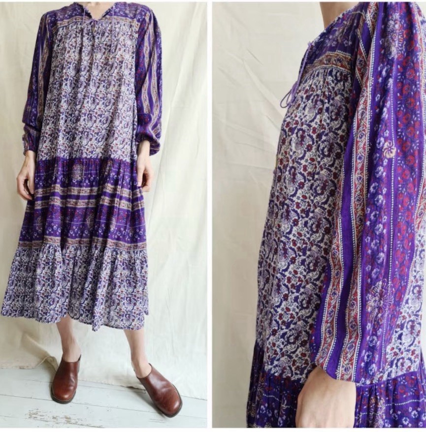 Vintage Kaiser Midi Dress Size Small Long Sleeve Cotton Indian Floral Bohemian