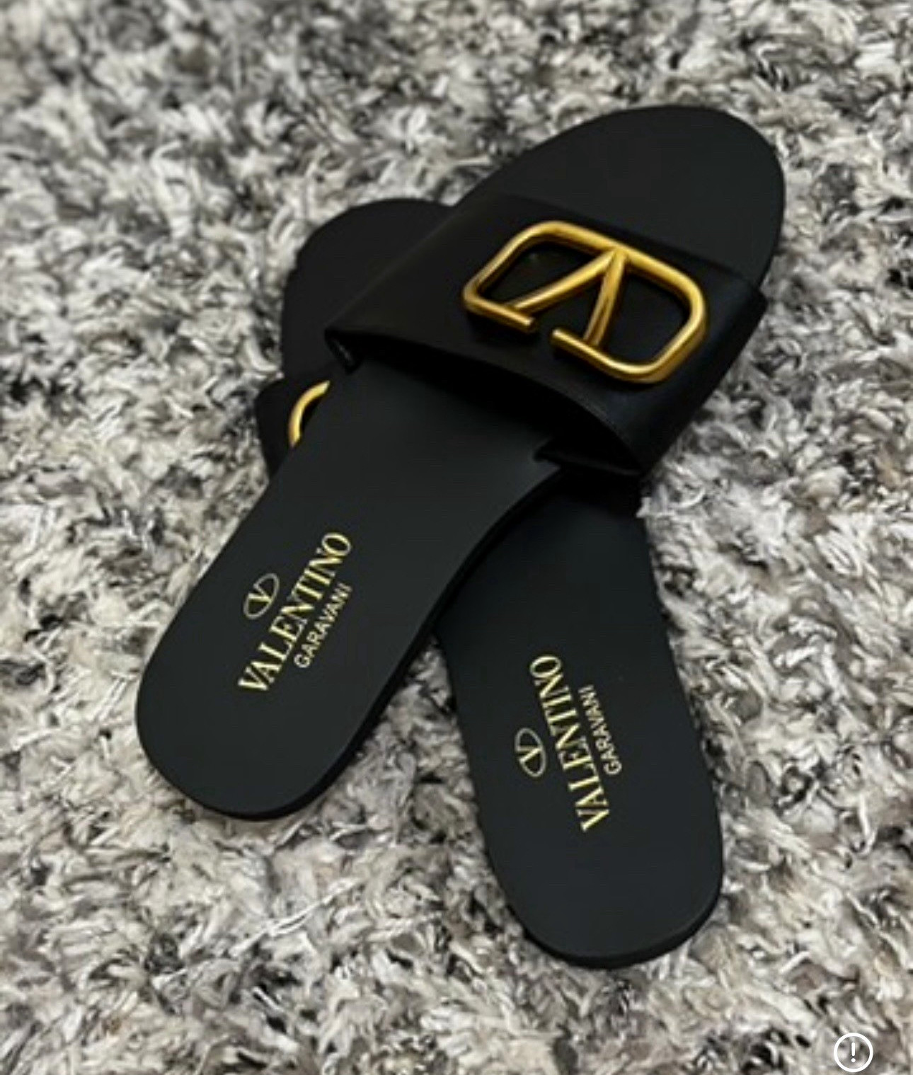 Valentino Garavani Women’s Black Leather Slide Sandals Gold VLogo Slip-On 7