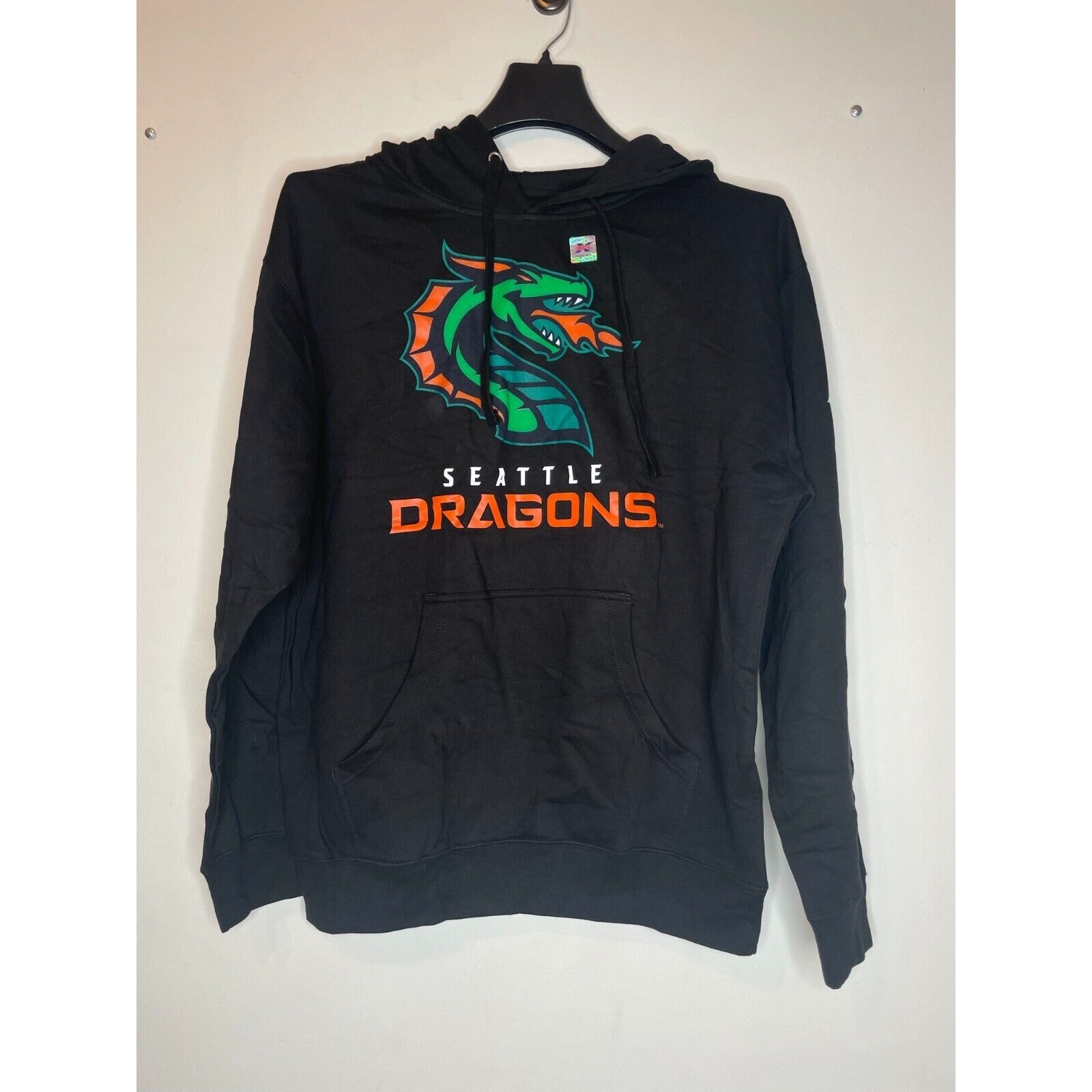 XFL Mens Seattle Dragons Print Pullover Hoodie Sweatshirt Size L Black