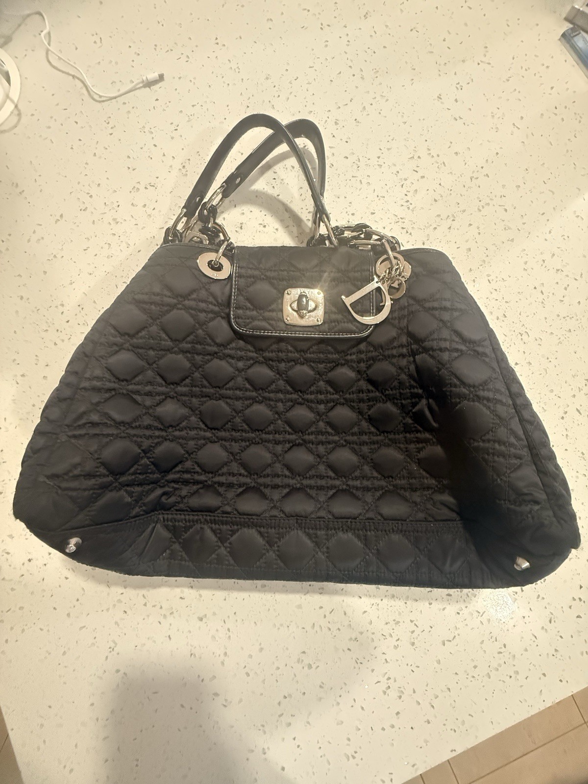 Christian Dior Black Quilted Shoulder Bag Turn Lock Zip Silver Hardware Medium